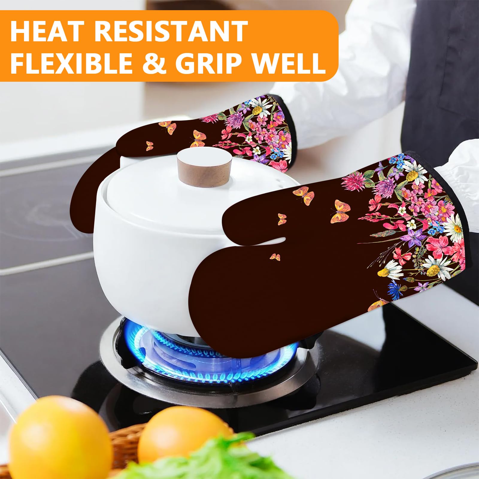 Wildflowers - Juego de 4 manoplas de horno y soportes para ollas, guantes de horno extralargos para cocina, cocina, hornear, barbacoa, 100% algodón resistente al calor 6