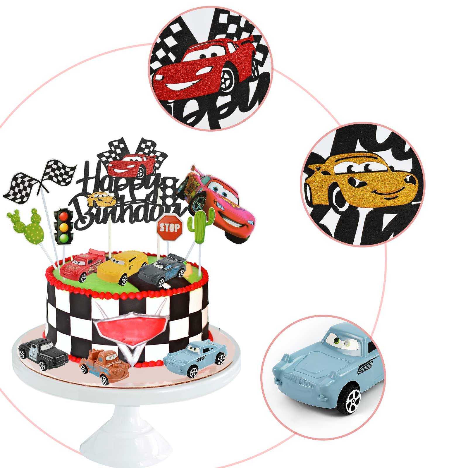 Auto Kuchen-Deko Set – 13-teilig, Mit Happy Birthday, Für Kindergeburtstag, Rennen-Thema & Cupcakes