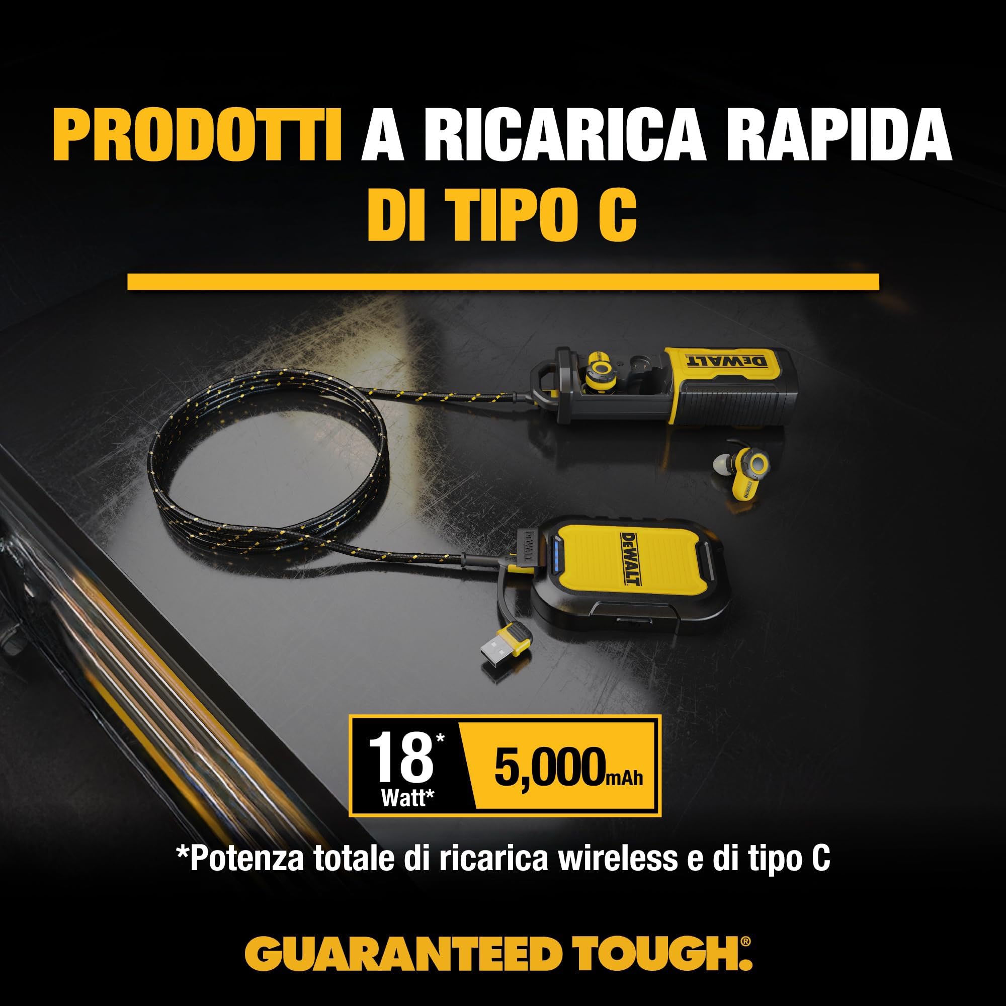 DEWALT Power Bank Magnetico 5000 mAh, Caricabatterie Portatile Wireless 18 W con USB-C, Compatibile MagSafe, IP55 Impermeabile, Ricarica Rapida per iPhone 15/14/13/12