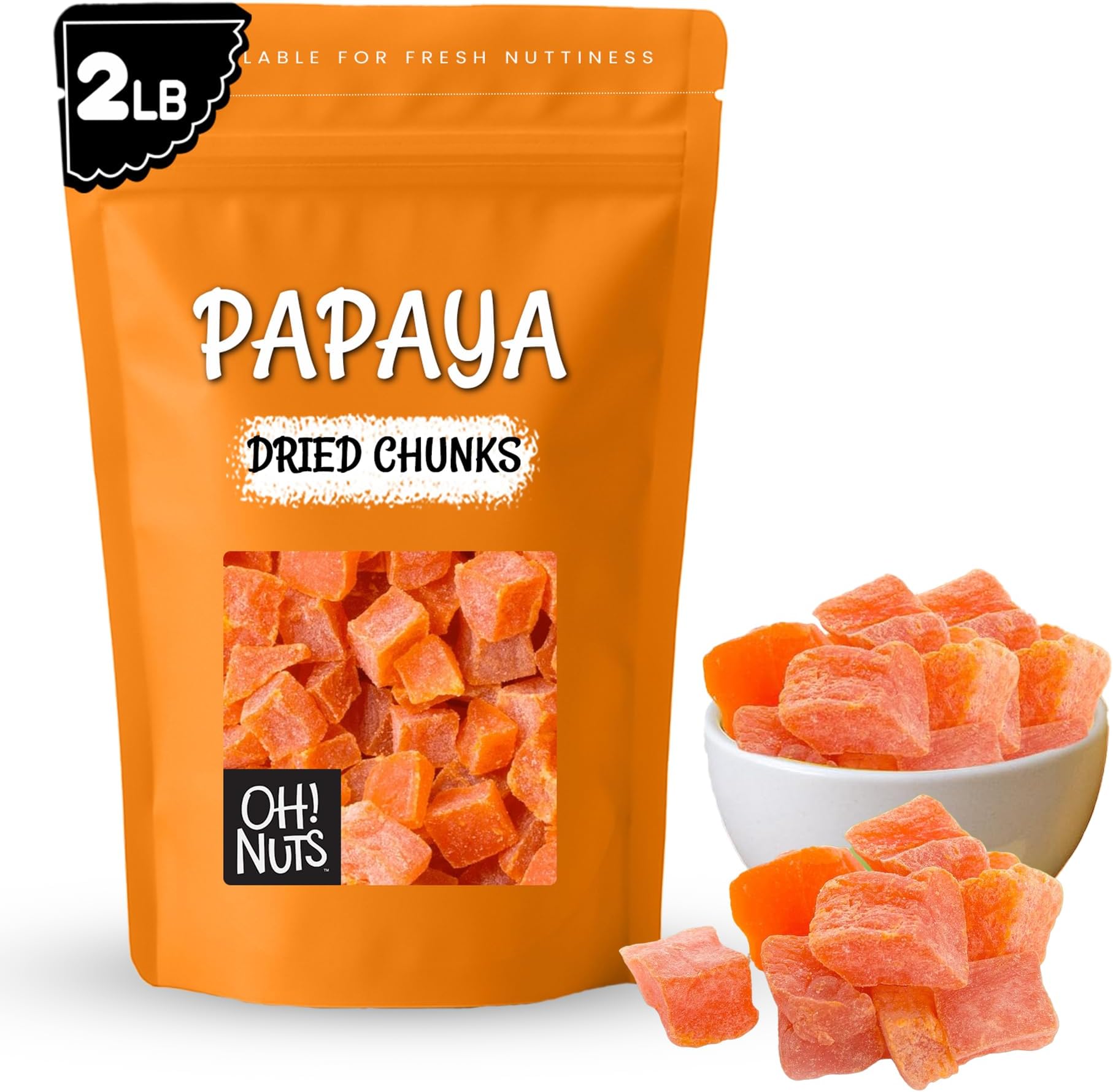 Oh! Nuts Dried Papaya Chunks - 2 lb - Dried Fruit Chunks - Less Sugar Added - Dehydrated Fruit Bites - Packed in New York Zip-Seal Bag for Exceptional Freshness