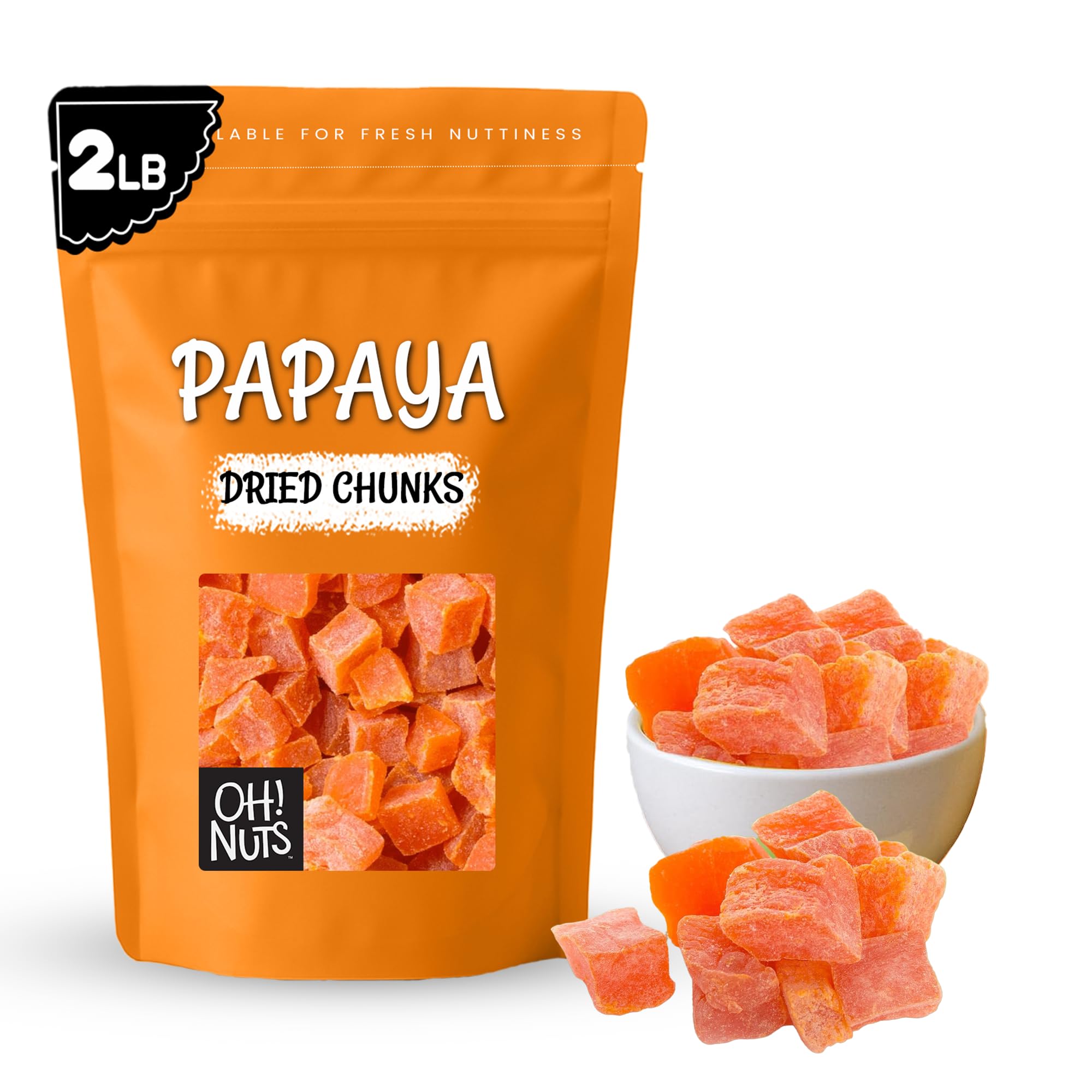 Oh! Nuts Dried Papaya Chunks - 2 lb - Dried Fruit Chunks - Less Sugar Added - Dehydrated Fruit Bites - Packed in New York Zip-Seal Bag for Exceptional