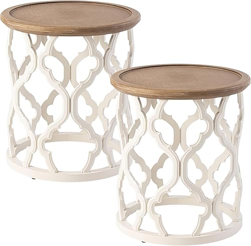 COZAYH Juego de 2 mesas auxiliares de granja, mesa auxiliar con bandeja envejecida con base de marco de motivo curvado para estilo bohemio, rústico,