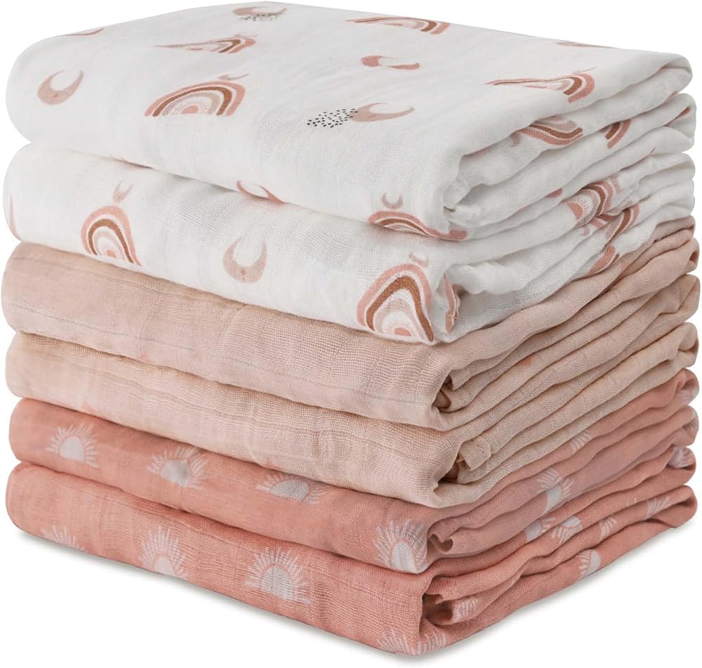 GLLQUEN BABY Receiving Blankets Muslin Swaddle Blanket for Newborn Girl Boy | Cotton Squares Baby Blankets, Soft & Thin Swaddle Cloth, Breathable Absorbent Infant Swaddling Wrap - 6 Pack (Sun)