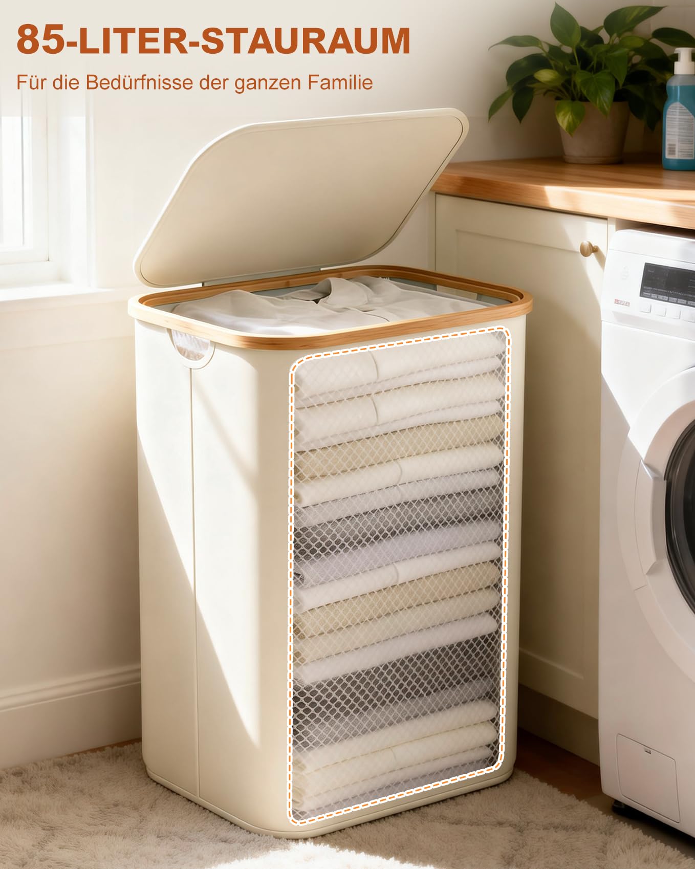 Ribelli Cesto portabiancheria pieghevole da 85 litri, con coperchio e sacchetto rimovibile, per lavanderia, bagno, camera da letto, crema