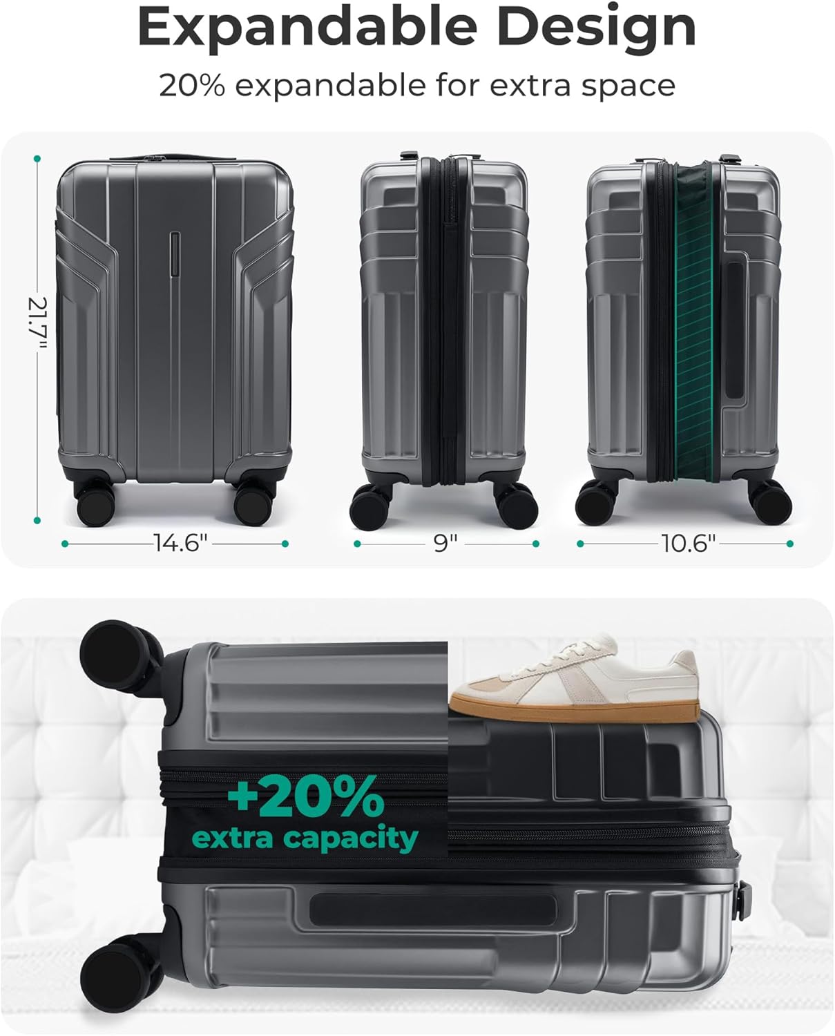 BAGSMART Expandable Carry On Luggage 22x14x9 Airline Approved, 1OO% PC Lightweight Hard Shell Suitcase, 20 Inch Travel Luggage with Spinner Wheels, Waterproof Rolling Suitcase, Gray… - Image 7