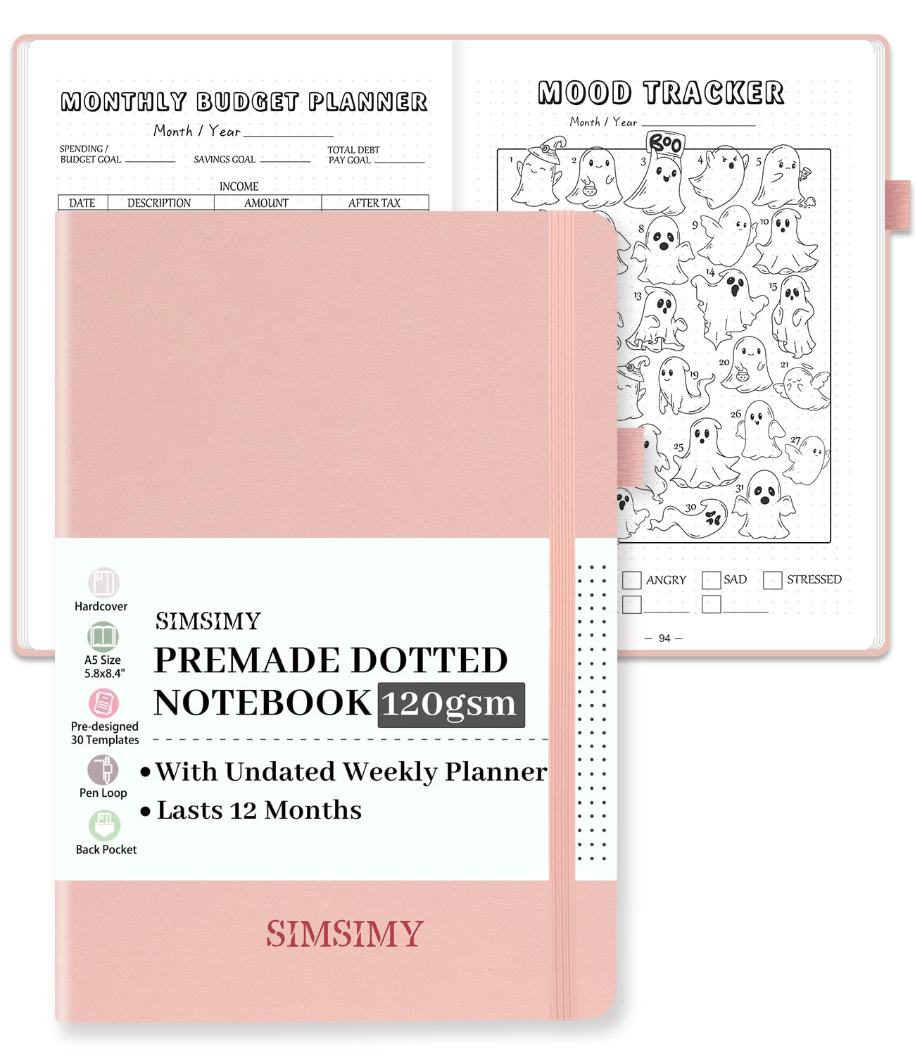 SIMSIMY Premade Bullet Dotted Journal Notebook, Pre-made Dot Grid Journaling with Undated Weekly & Monthly Planner, Various Trackers - 12 Month Organization, A5 Hardcover Leather Planner Notebook with