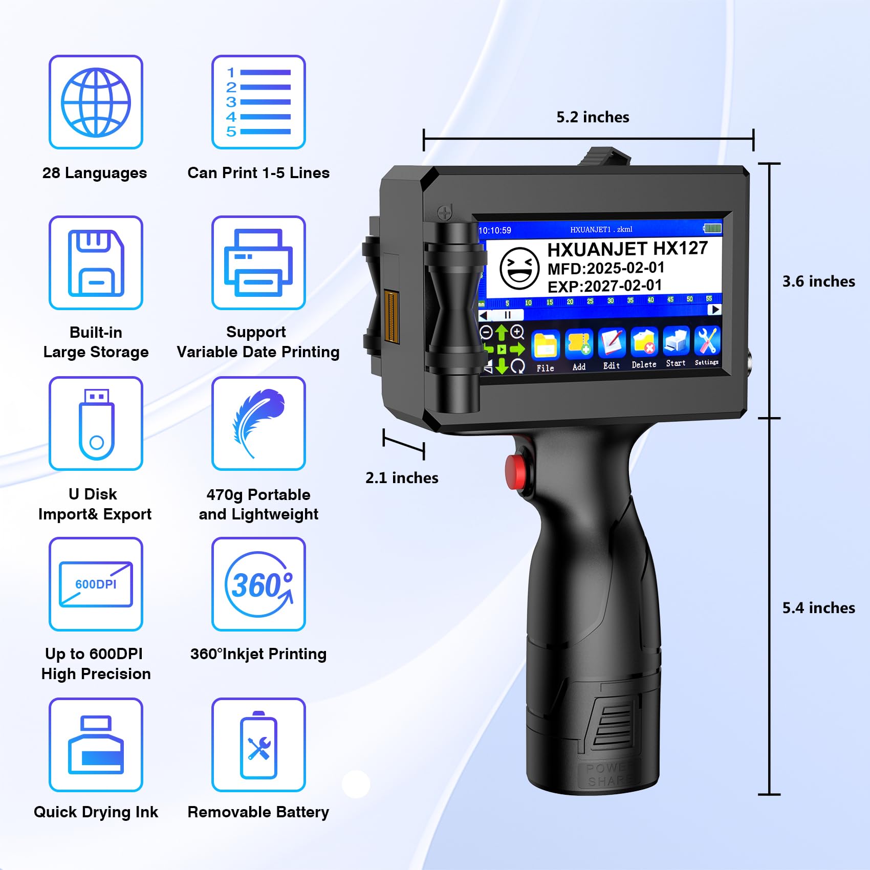 Imprimante à Jet d'encre Portable HX127 pour Code QR, Code-Barres, Date, Logo, Texte