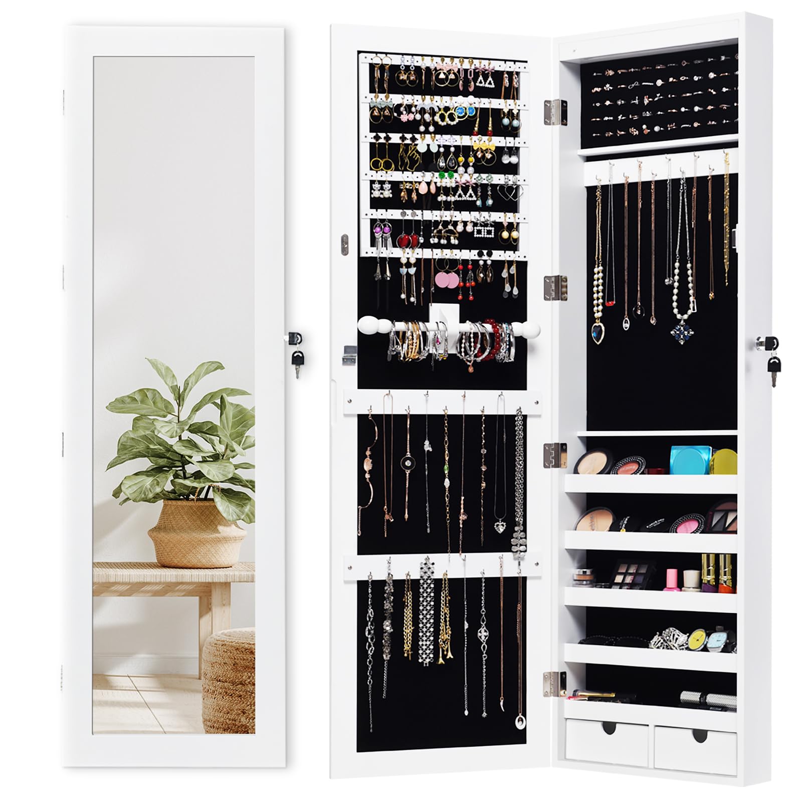 RELAX4LIFE Armoire à Bijoux Murale/Suspendue avec Miroir Psyché & Lumières LED, Organisateur de Bijoux Verrouillable à 5 Étagères, Multi-Rangement Cosmétiques pour Chambre Vestiaire Salon