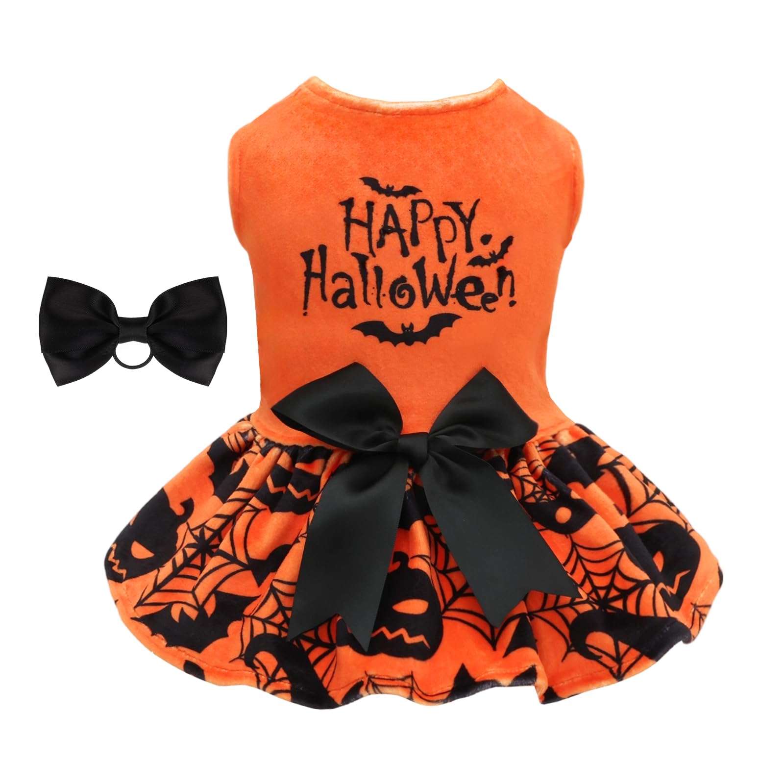 CuteBone CVA57XXS-D Robes d'Halloween en velours pour petits chiens, vêtements pour animaux de compagnie, jupe avec nœud et corde à poils