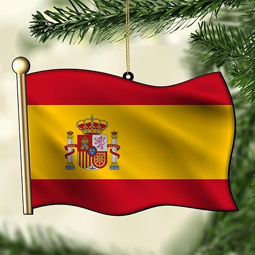 BESTORLOVE Adorno acrílico de Navidad Bandera de España 2D Recuerdo Banderas de País Vacaciones Internacionales de 3 pulgadas con cuerda roja