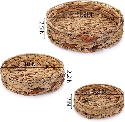 Miniatura 2 de Cedilis Juego de 3 bandejas redondas de frutas de hierba, bandeja de mesa auxiliar tejida a mano, bandeja de almacenamiento decorativa para