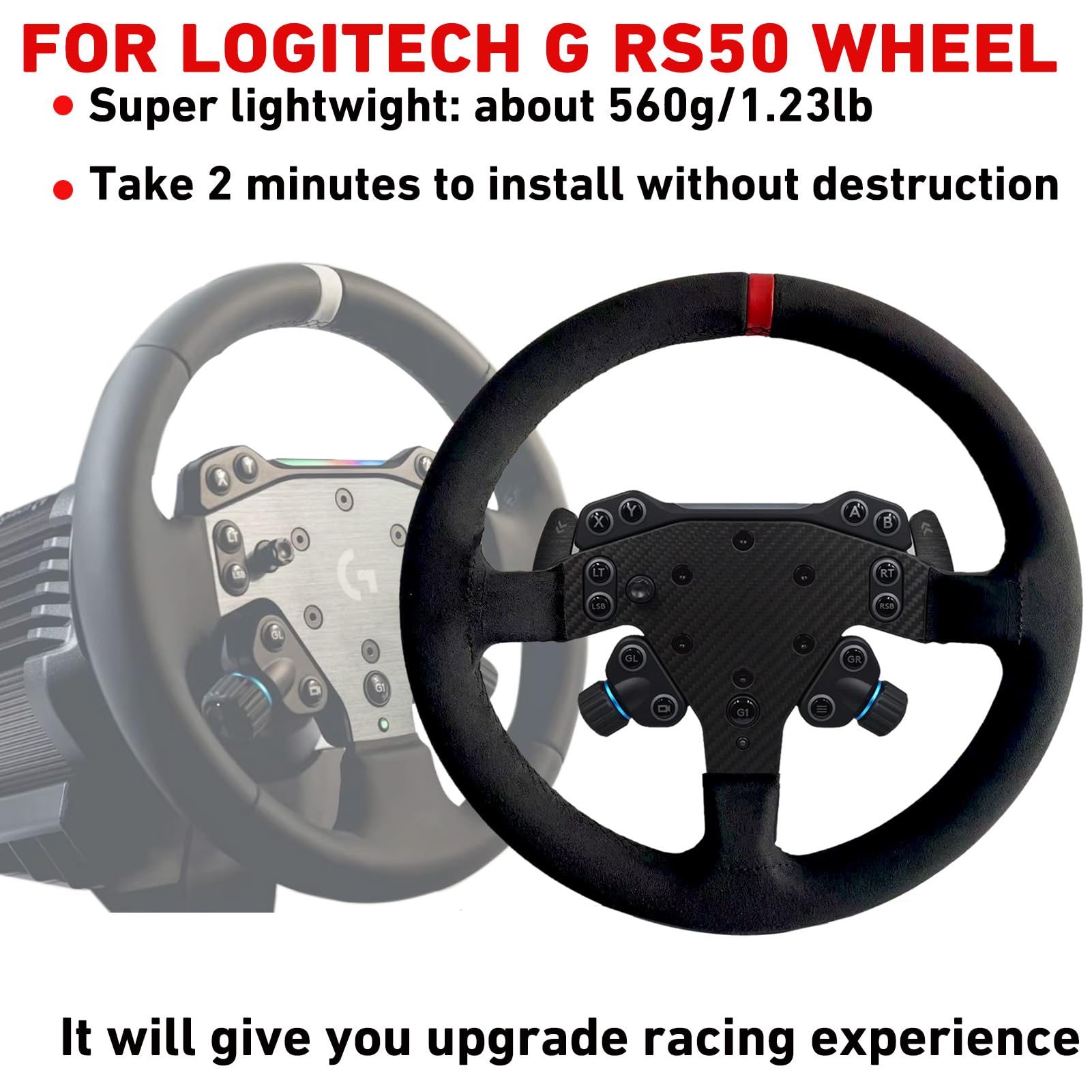 Replace 13 inch lightweight Original Suede Steering Wheel For Logitech G RS50 System Wheel base; For Logitech G RS 50 PRO Base Mod Round Wheel On Xbox/PS5/PS4/PC GT3 GT4 Game