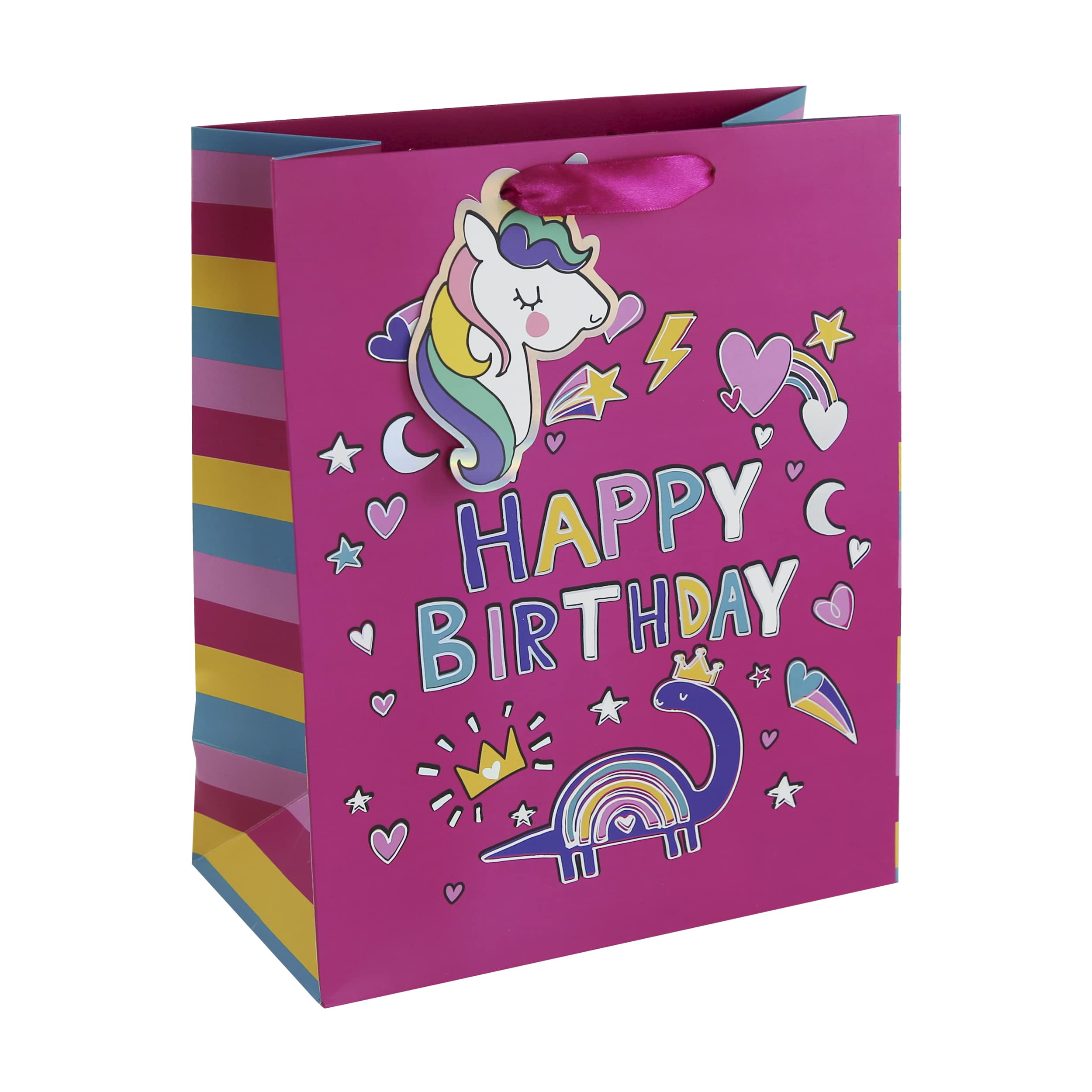 Eurowrap Girls Pink Dinosaur Unicorn Happy Birthday Gift Bag With Gift Tag Kids Occassions Large