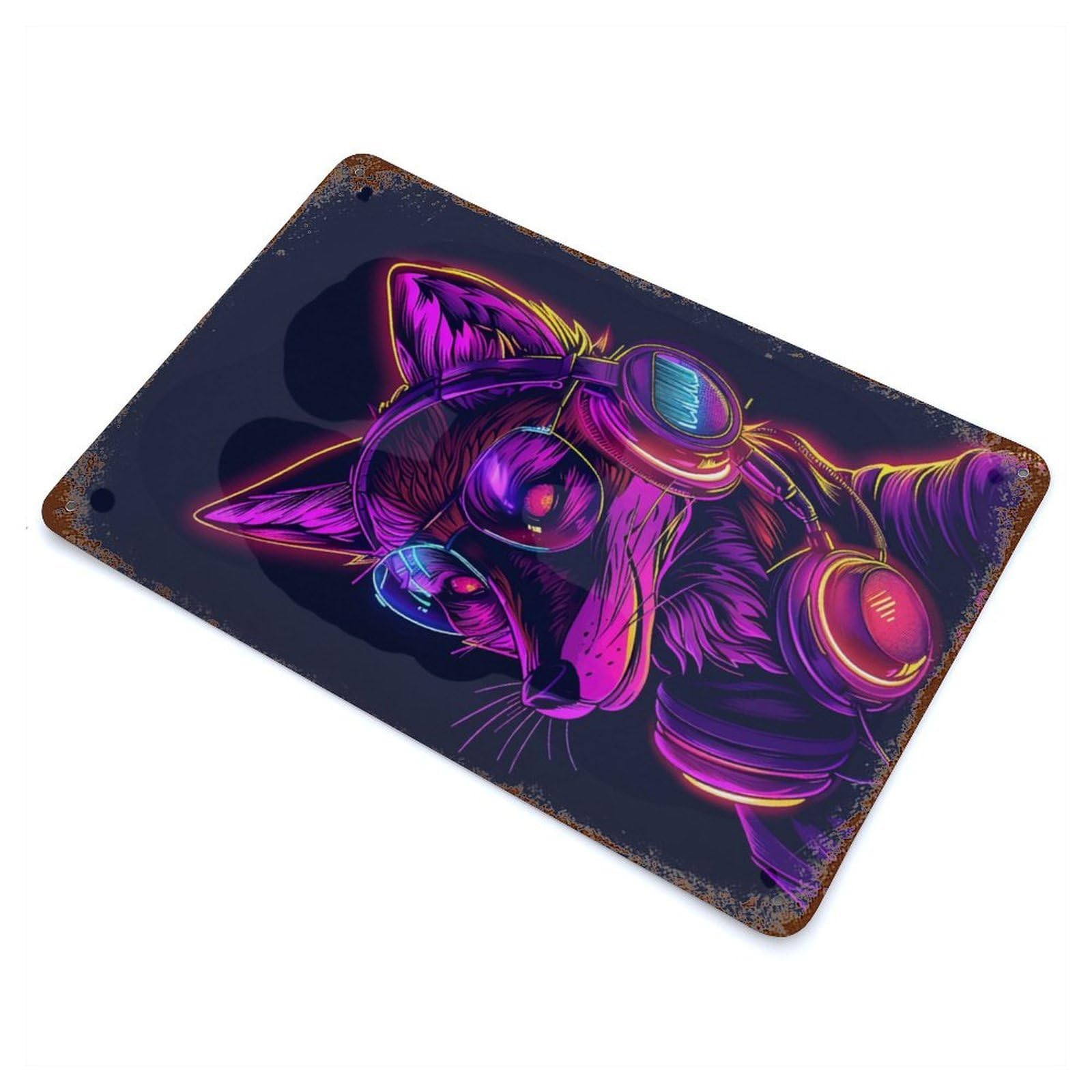 Decorative Tin Sign with Fox Headphones Neon Design 11.8"x7.9", for Garage, Bar And Workshop Decor, Farmhouse Wall Decor