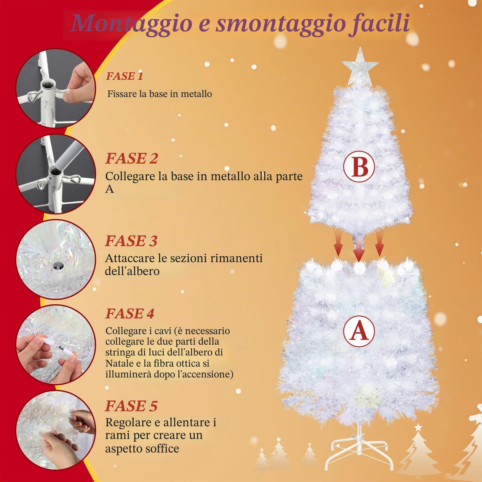 Uten artificiale Albero di Natale bianco 180 cm in fibra ottica, 220 punte, luci LED 7 colori, rami in PVC ignifugo, base in metallo, decorazione interna