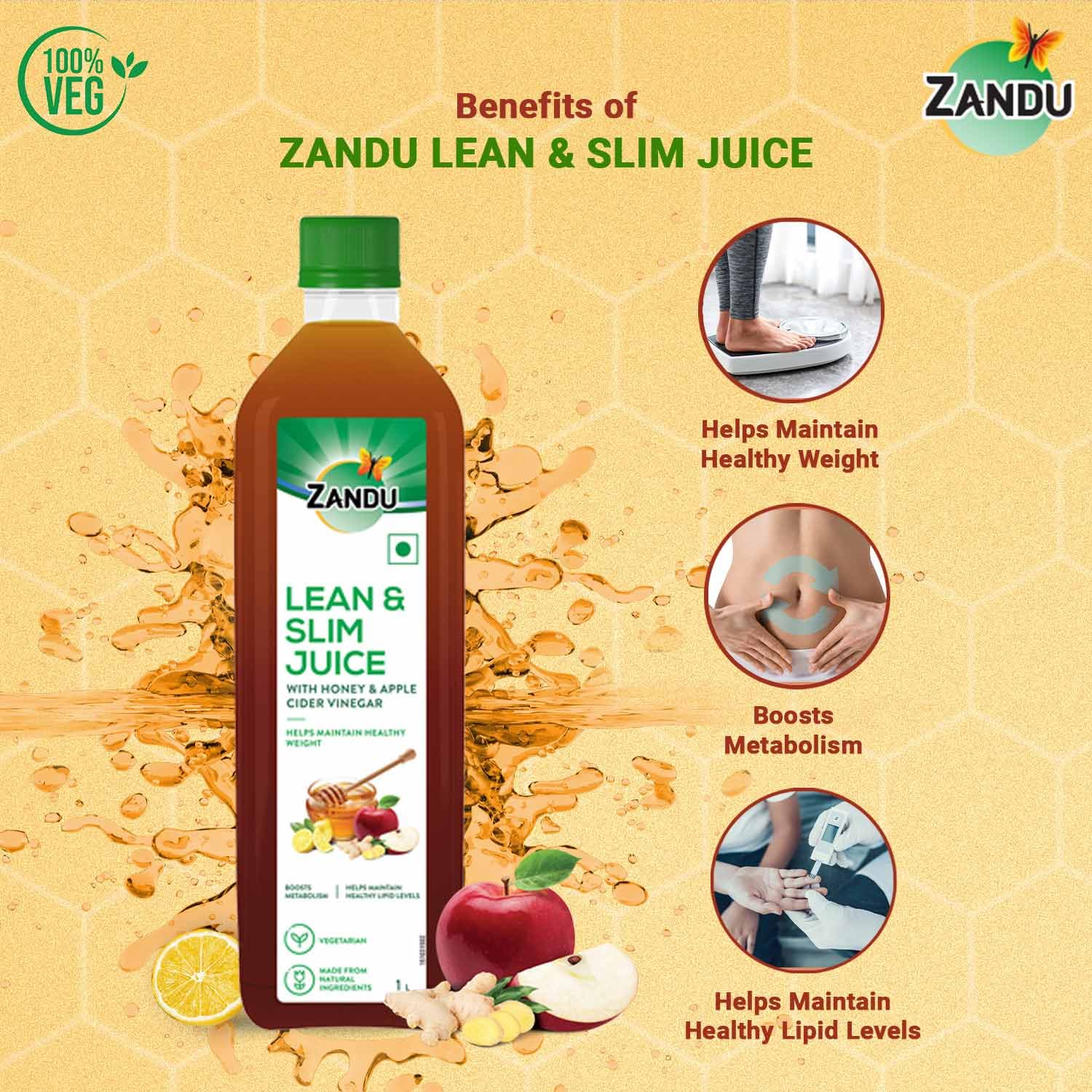 Zandu Lean & Slim Juice 1 Litre With Honey & Apple Cider Vinegar, Helps Maintain Healthy Weight & Boosts Metabolism|100% Ayurvedic And Natural - Image 3 thumbnail