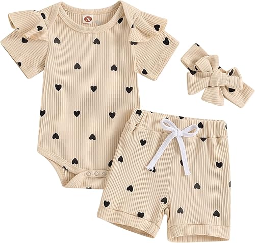Conjunto de 3 piezas de ropa de verano para bebé recién nacida, con volantes, manga corta, cintura elástica, pantalones cortos y diadema