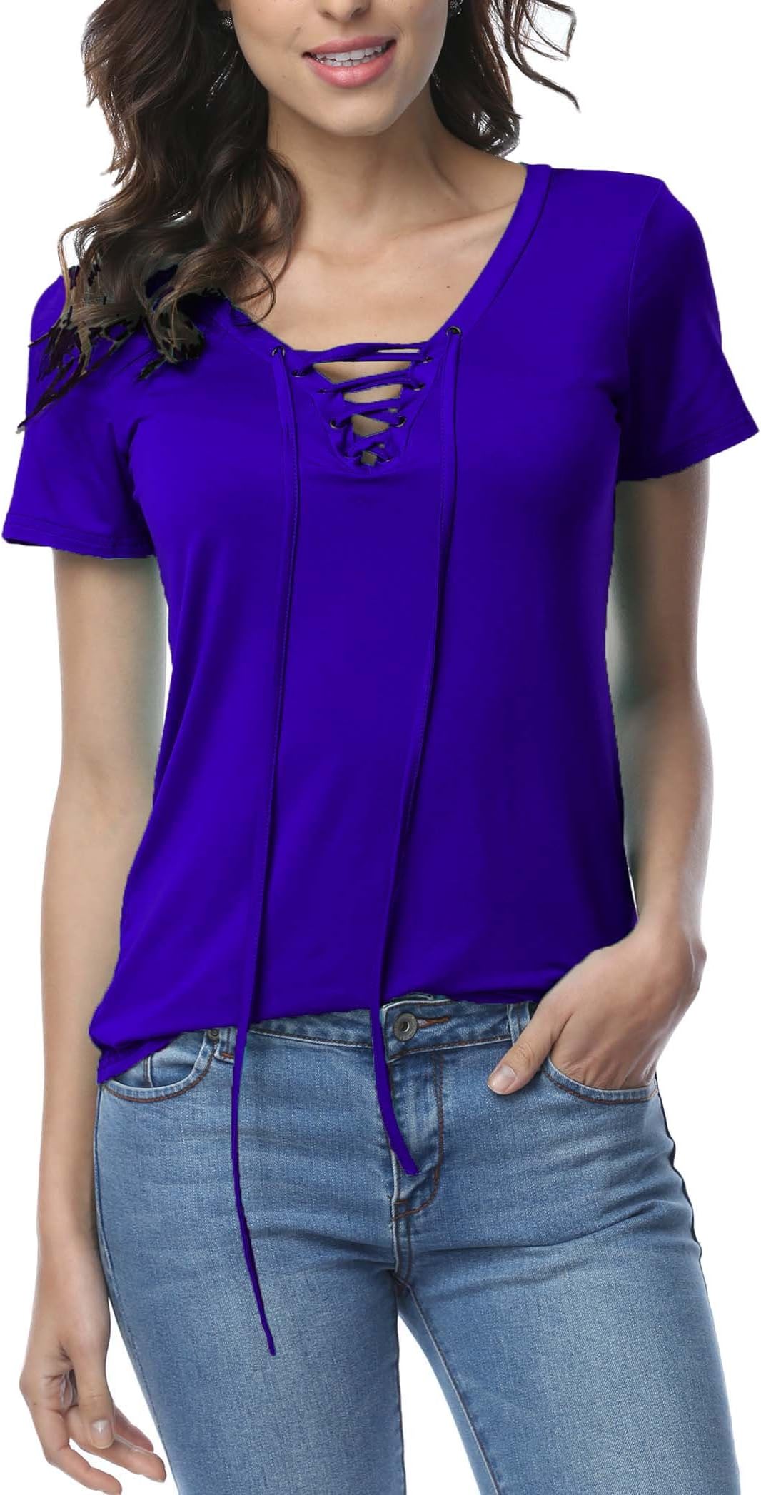 Women's Sexy Plain Deep V Neck Lace Up Short Sleeve Blouse Top