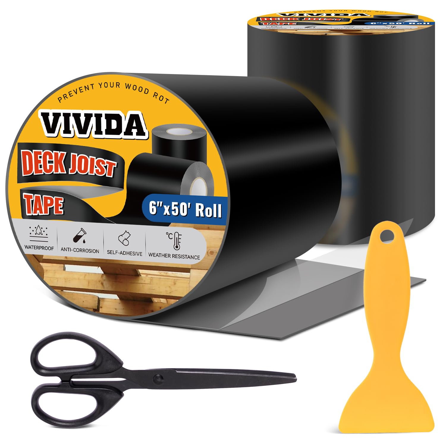 VIVIDA Butyl Joist Tape for Decking 6" × 50' (2 Roll), Waterproof Deck Joist Butyl Sealant Tape for Wood Beams, Roof