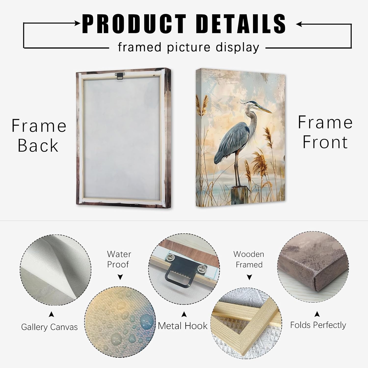 SWQYLB Heron Canvas Wall Art Bird Picture Grey Heron on Beach Picture Prints Abstract Coastal Animal Artwork for Rustic Farmhouse Decor Framed (Blue, 16.00" x 24.00")
