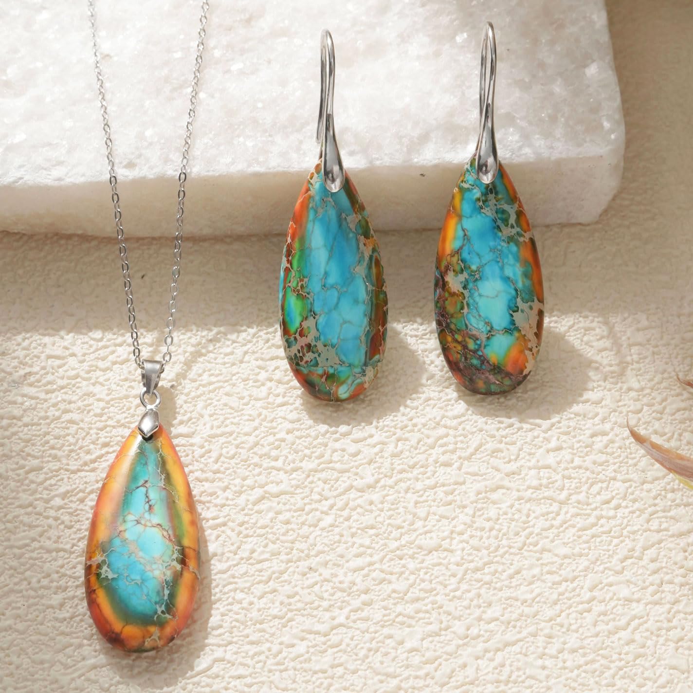 925 Sterling Silver Natural Imperial Jasper Pendant Necklace, Waterdrop Shape, Boho Style, 18 Inch Chain