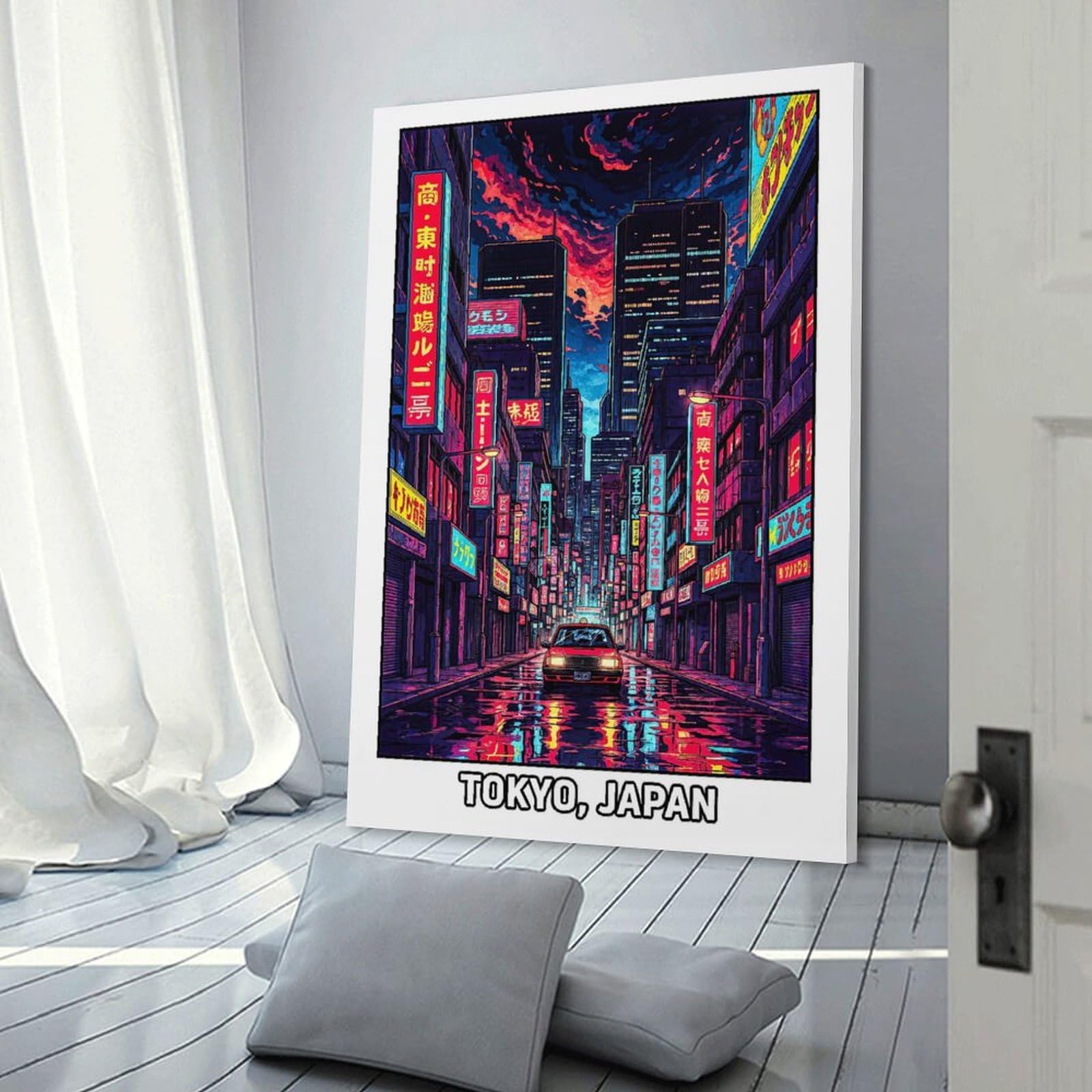 Junmoney Cyberpunk Tokyo Street Scene Hanging Wall Art 08x12inch(20x30cm), for Front Hall, Corridor Or Welcome Spaces, Wall Decor to Refresh Empty Corners