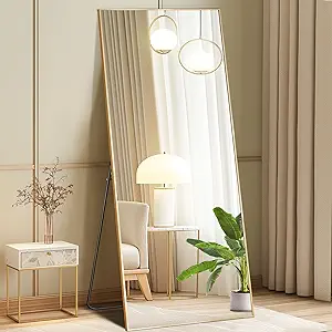 DUMOS Full Length Mirror with Stand 64"x21" Floor Standing Aluminum Frame for Bedroom Body Hanging Leaning Modern Simple Home Decor Shatter-proorf Nano Glass Wall Living Room Cloakroom Gold