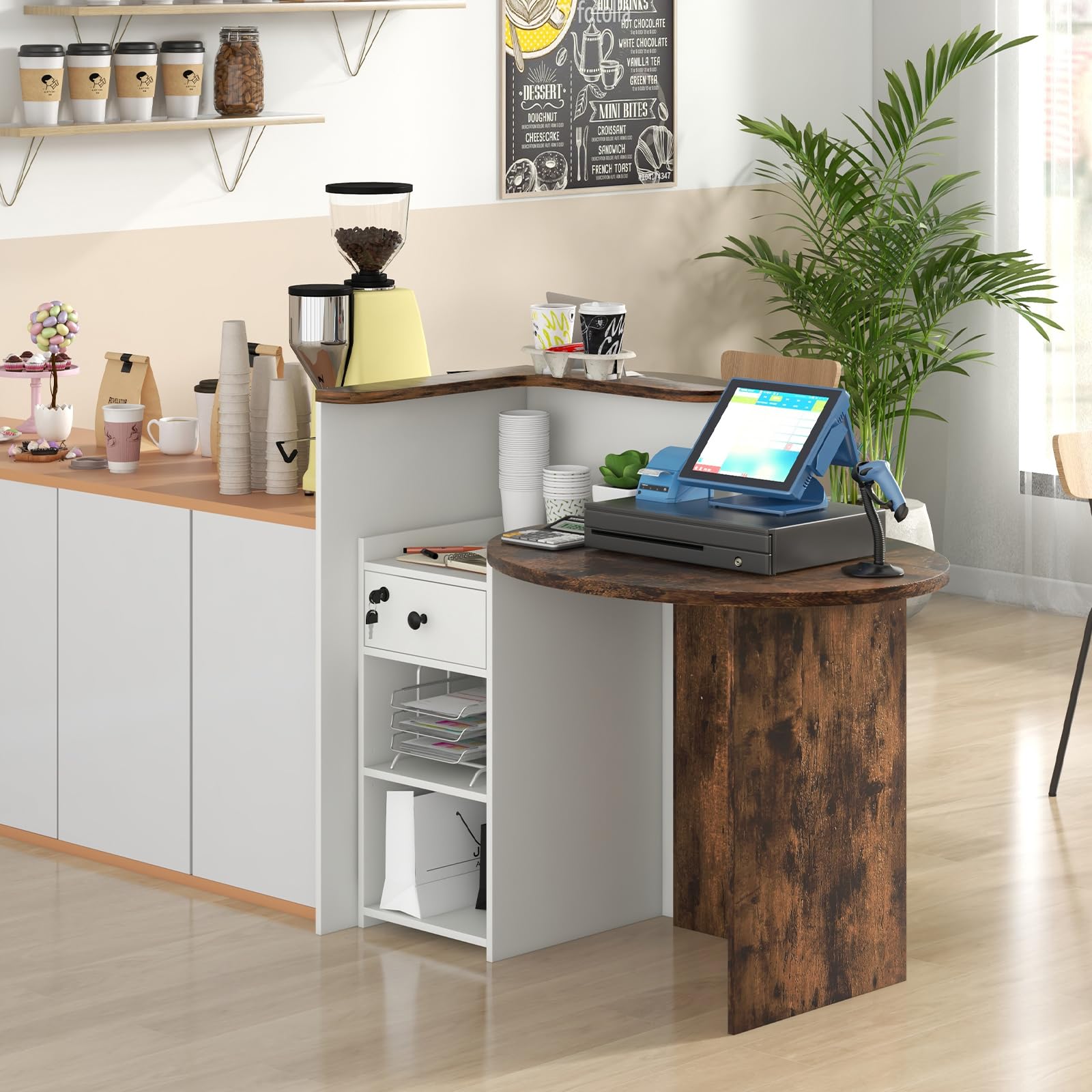 GIANTEX Comptoir de réception avec tiroir verrouillable et étagère réglable à 3 niveaux, comptoir de réception en forme de L pour entreprise, hall et magasin, 120 x 70 x 100 cm, marron et blanc