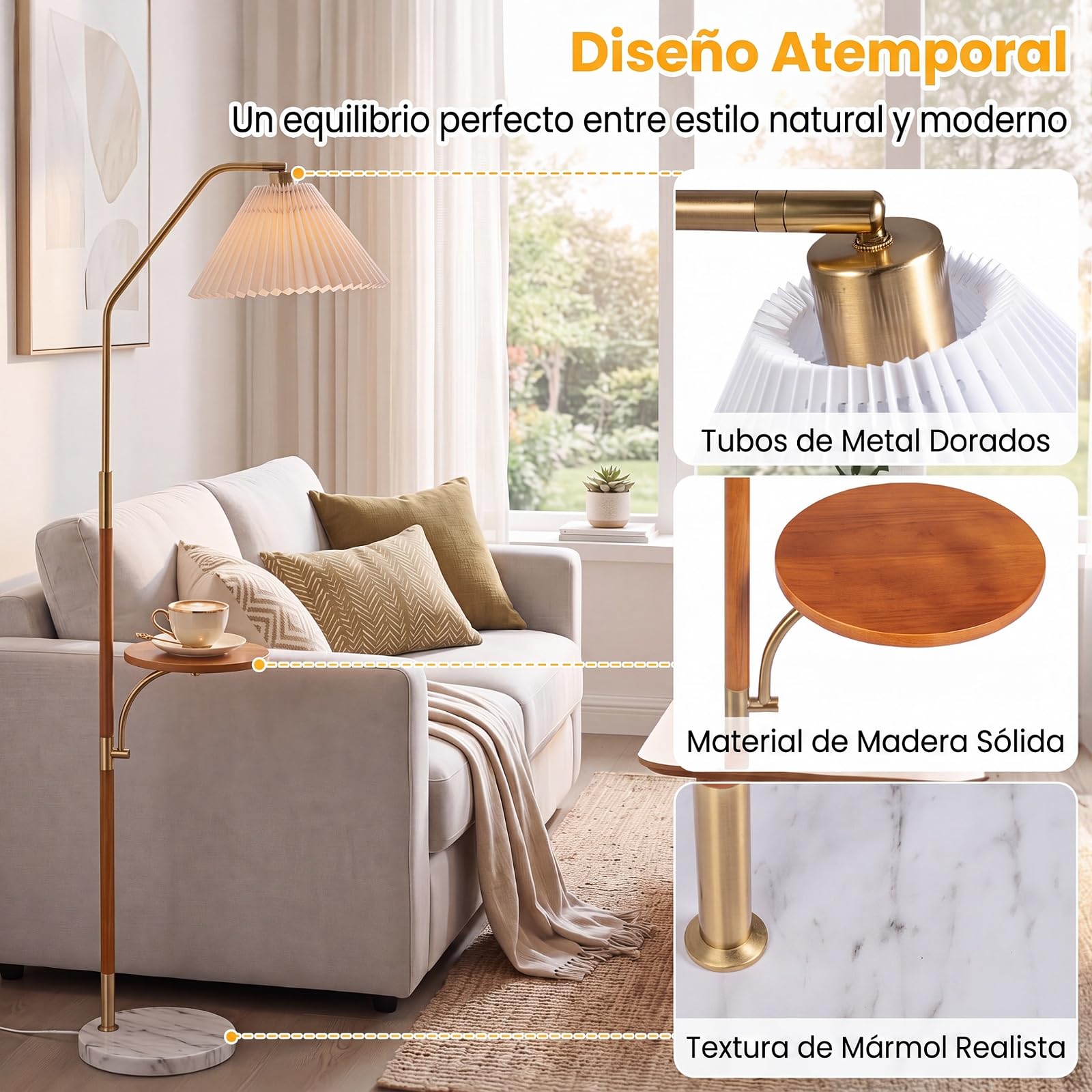 COSTWAY 159,5 cm Lámpara de Pie con Mesa Auxiliar, sin Bombilla | Lampara de Lectura con Ángulo y Altura Ajustables, Pantalla de Papel Plisado, Base Redonda, Lamparas para Salón y Dormitorio