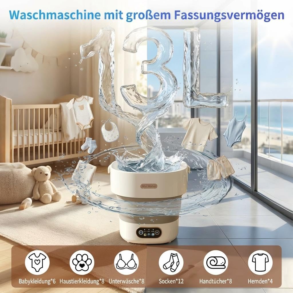 Faltbare Mini Waschmaschine Mit Schleuderfunktion 13L Kompakte Camping Waschmaschine 3 Programme Tragbar Weiß
