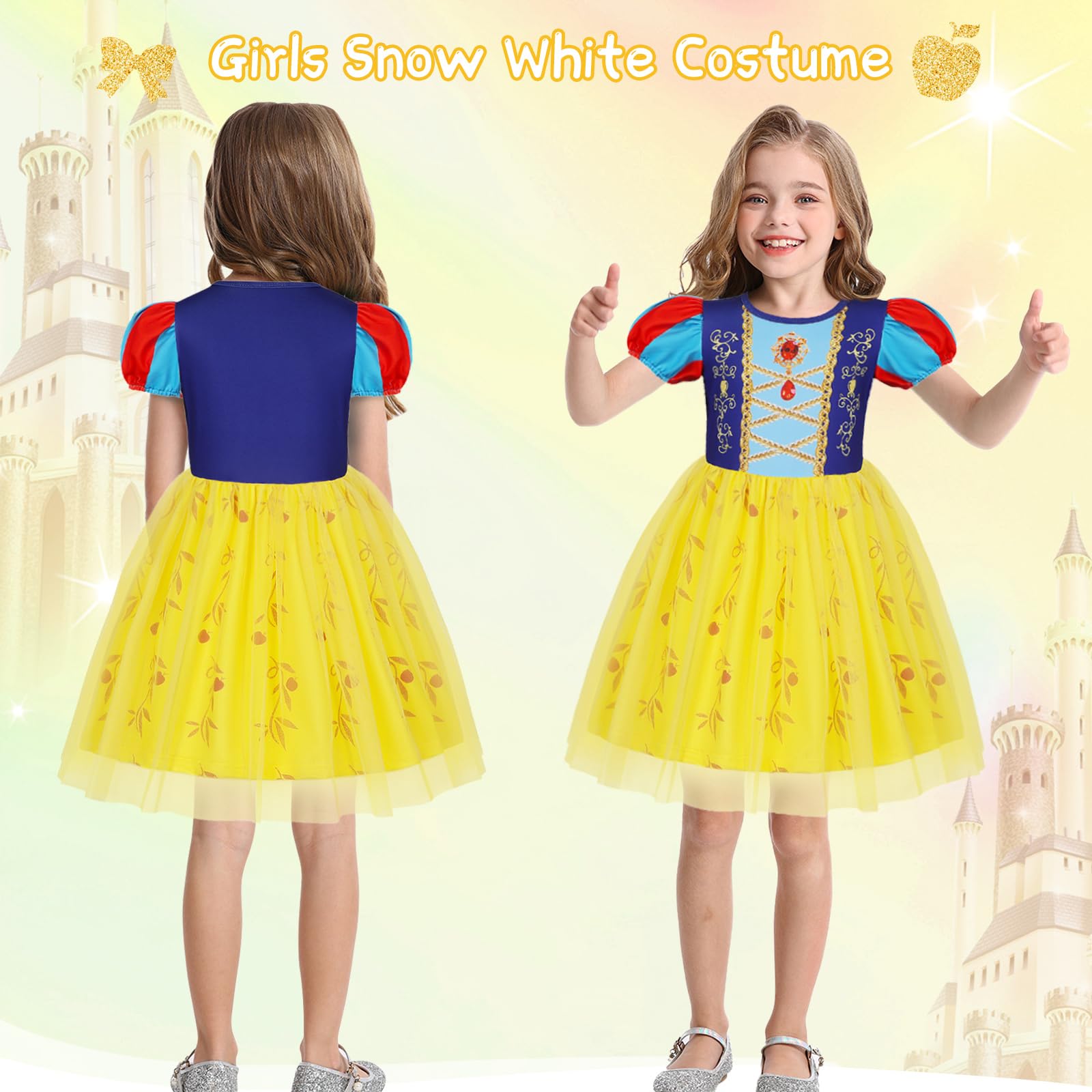 Berich Yellow Princess Costume with Headband Princess Dress up Halloween Christmas Gifts World Book Day Costume Kids Dress up 4-5 Years(Yellow,120) - Image 4