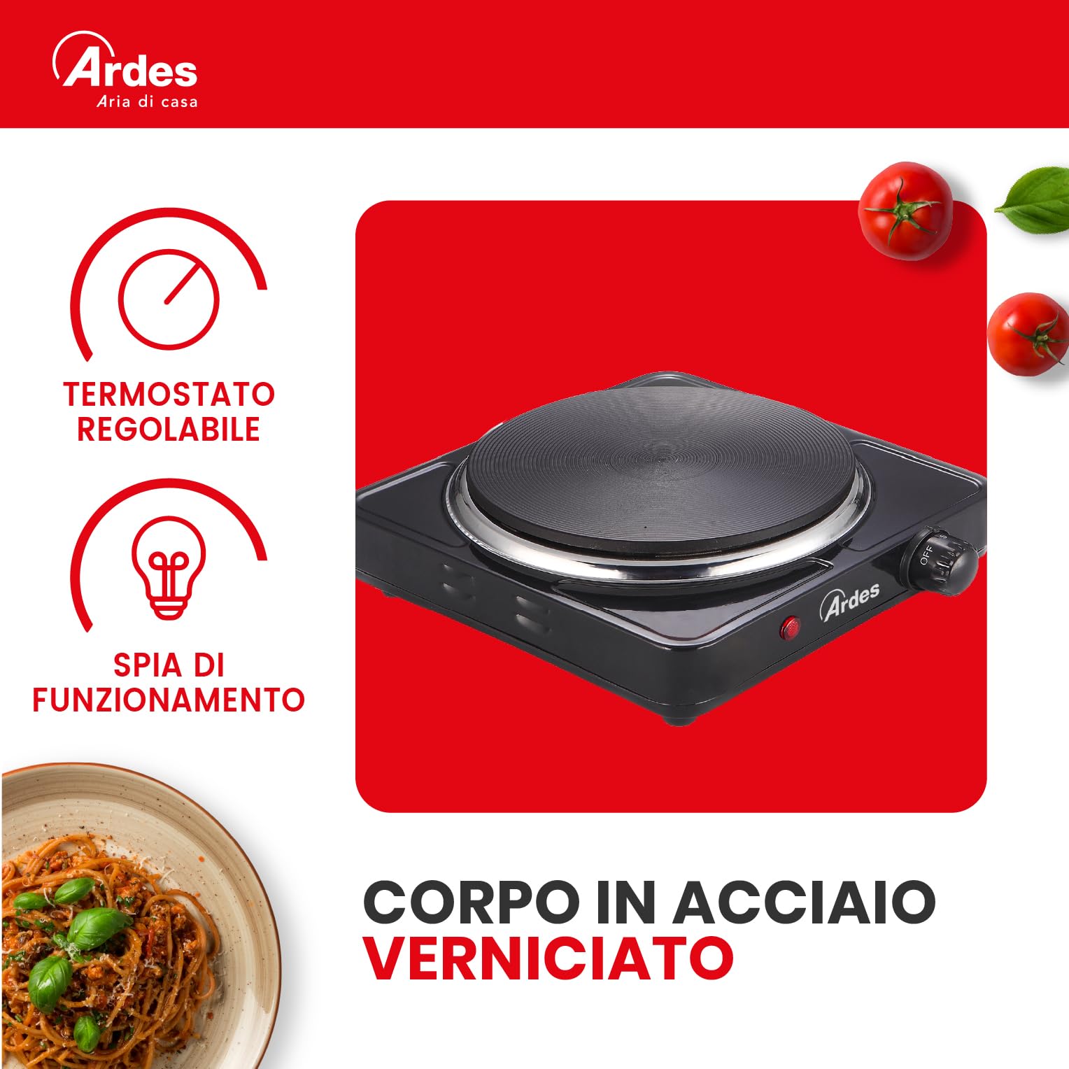 ARDES Hornillo eléctrico 1 placa de fundición para cocinar, de 1500W en Acero Pintado Diámetro Placa 18,5 cm y Termostato de Regulación Modelo TIKAPPA AR1F19 Negro
