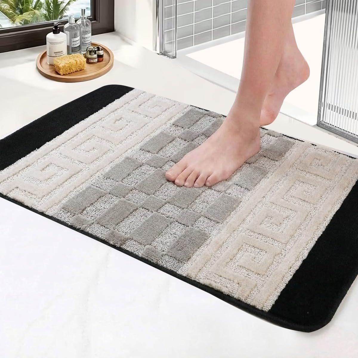 PHP Non Slip Large Front Door Mat, 50 x 80 cm Washable, Anti Slip and Waterproof Door Mat, Outdoor and Indoor Rug, Gel Backed Dirt Trapper Kitchen - Black Grey