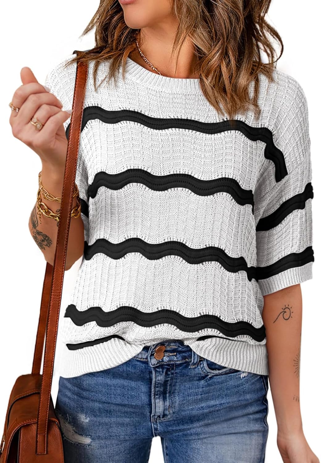 Dokotoo Women's Casual Short Sleeve Loose Tunic Tops Lightweight Crochet Knit Striped Sweaters Blouses