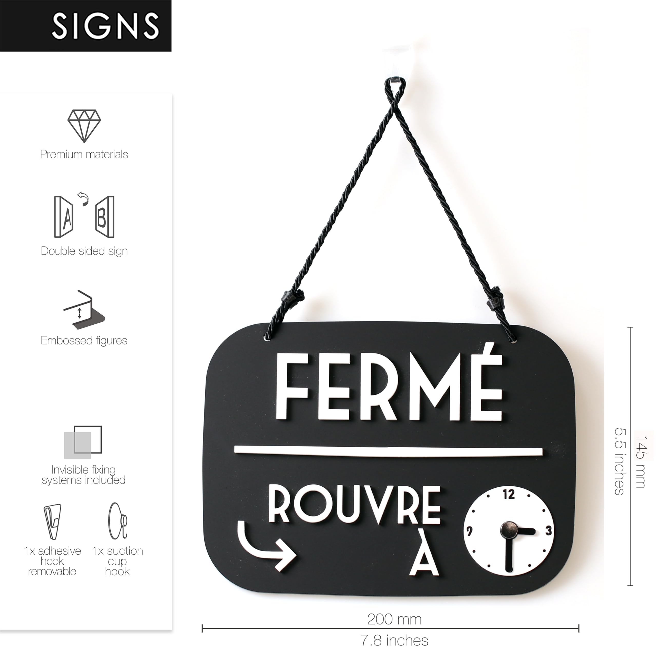 Panneau Ouvert Fermé Je reviens de suite avec Ventouse, vintage Retro - Horaire ouverture magasin modifiable avec Cadran à Aiguilles (Noir, Français)