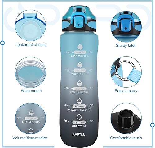 Miniatura 3 de Opard Botella de agua deportiva de 32 onzas con marcador de tiempo motivacional y tapa abatible a prueba de fugas, sin BPA, reutilizable, Tritan