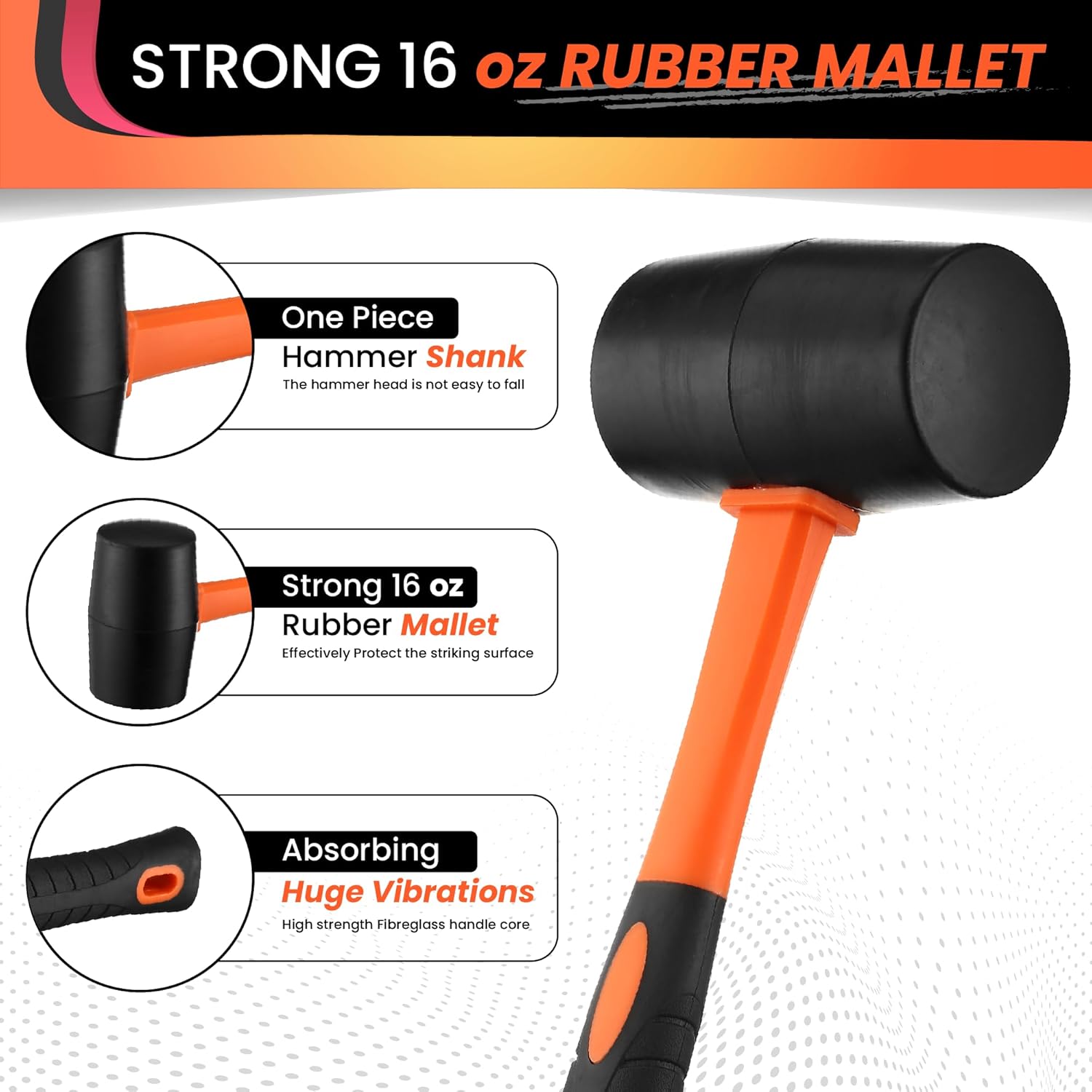 16oz Rubber Mallet Hammer Set with 35mm Double Faced Soft Rubber Mallet with Fiberglass Handle, TPR Grip, Solid Head, 2 Piece Black Set for Camping, Flooring, Woodworking & Tent Stakes