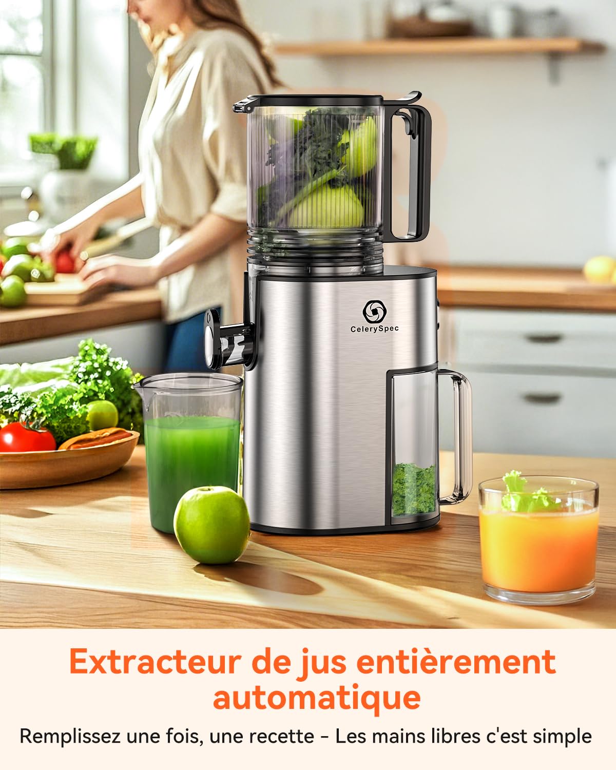 Extracteur de Jus Lent, Centrifugeuse Fruits et Legumes avec Goulotte 130 mm, 1,8L, Slow Juicer Sans BPA, 250W, Nettoyage Facile, Fonction Inverse, Acier Inoxydable Noir