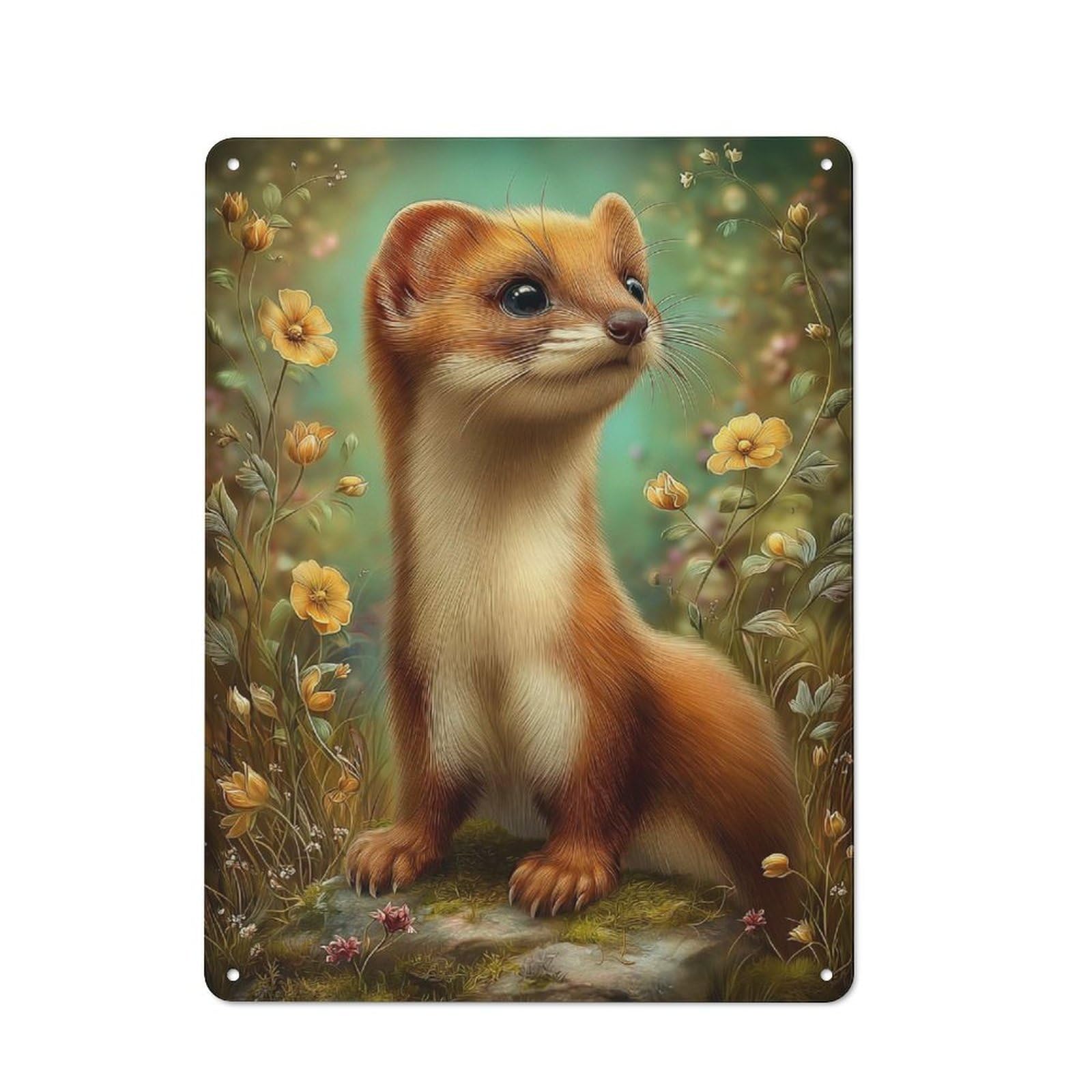 Junmoney Style Retro Metal Sign With Cute Weasel In Floral Meadow Design 40X30cm, Weathered Look Shed Wall Plaque For Garage, Workshop, Shed Or Utility Room
