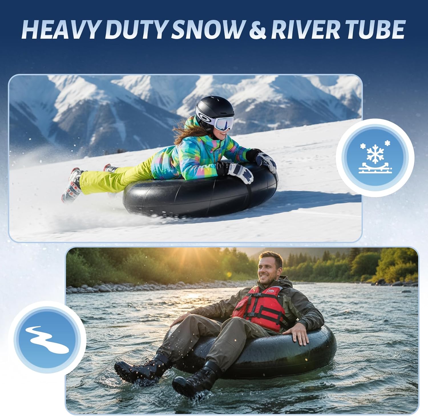 44 Inch Snow Inner Tube 2 Pack, Snow Tube for Snow Sledding and River Floating, Inflatable Butyl Rubber Snow Tube Heavy Duty, Innertubes for Snow Tubing, Pool Closing and Whitewater Adventures