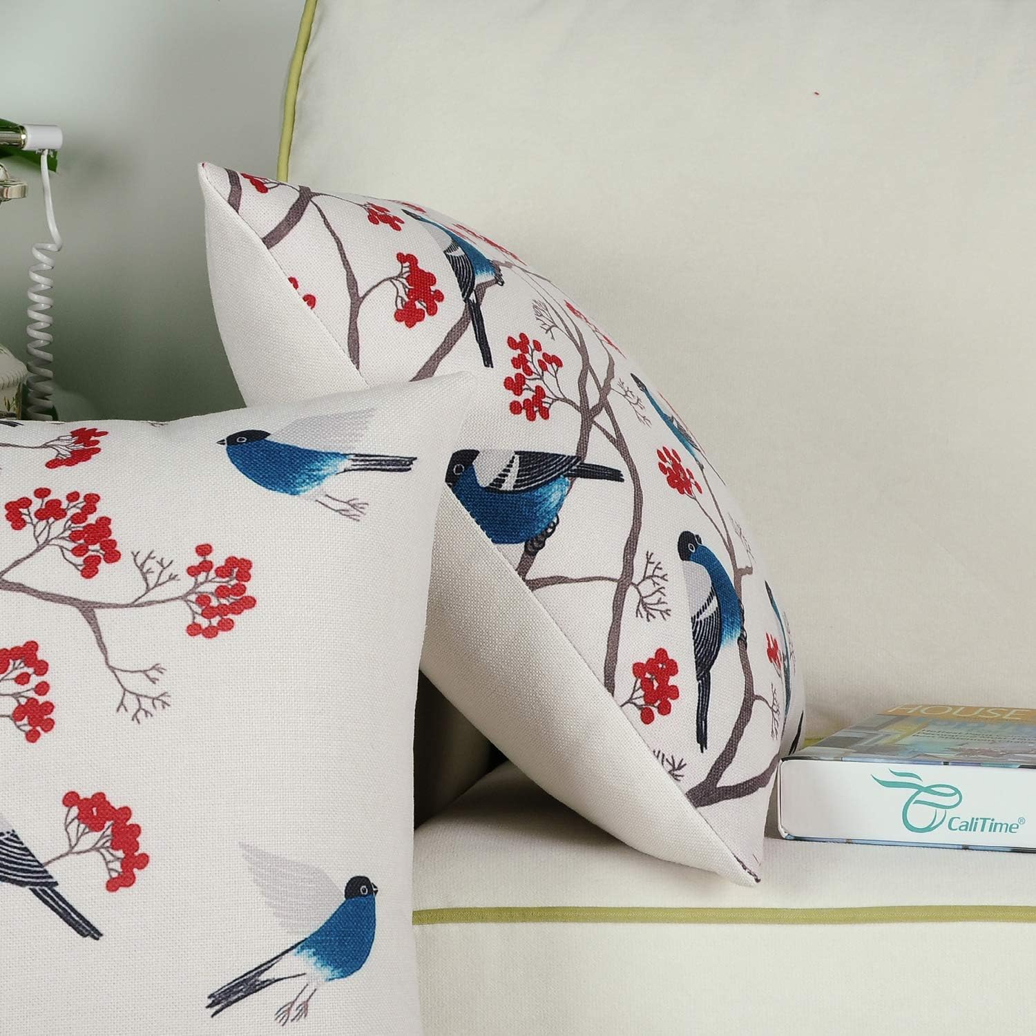 CaliTime Canvas Throw Pillow Cover Case for Couch Sofa Home Decoration Chickadees Birds with Red Floral Tree Branches 18 X 18 Inches Seablue Birds