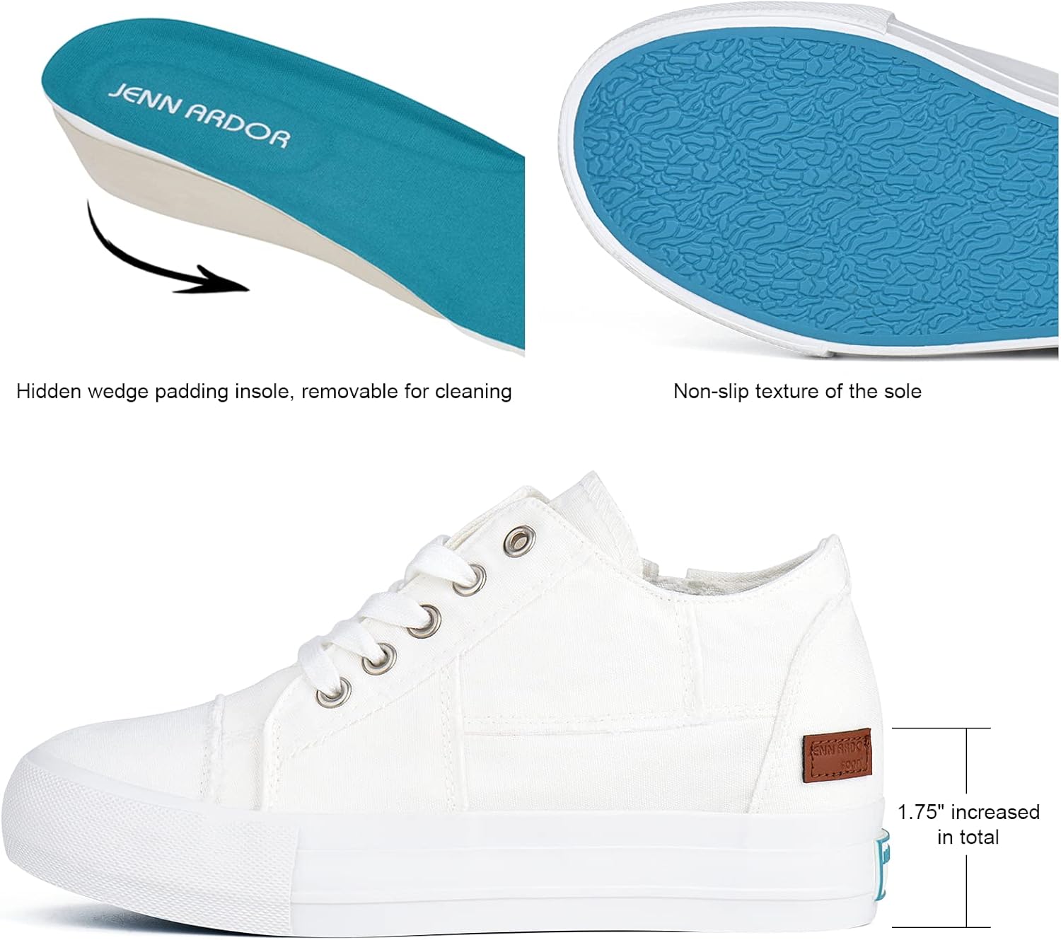 JENN ARDOR Wedge Sneakers for Women Fashion Canvas Shoes Casual Platform Hidden Heel Womens Slip On Sneaker Non Slip Side Zipper