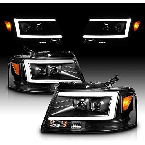 AmeriLite For 2004-2008 Ford F150 C-Type Led, Halogen, Tube Square Projector Housing Pickup Truck Headlights Assembly Pair - Driver and Passenger Side, Vehicle Light Assembly, Black