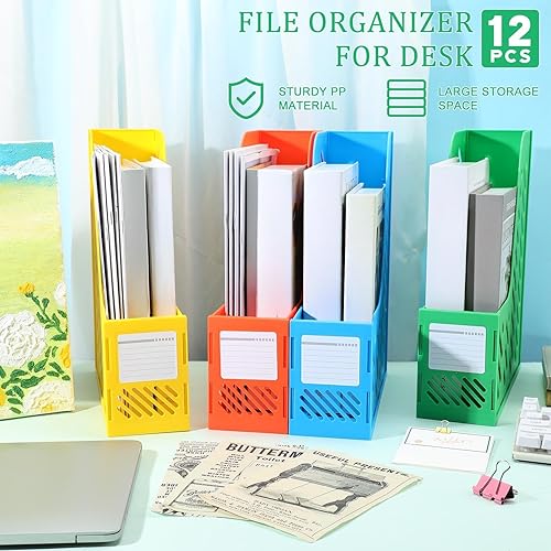 Vista 2 de Glenmal Paquete de 12 organizadores de revistas para escritorio, soporte vertical de plástico para archivos, revistas, accesorios de escritorio