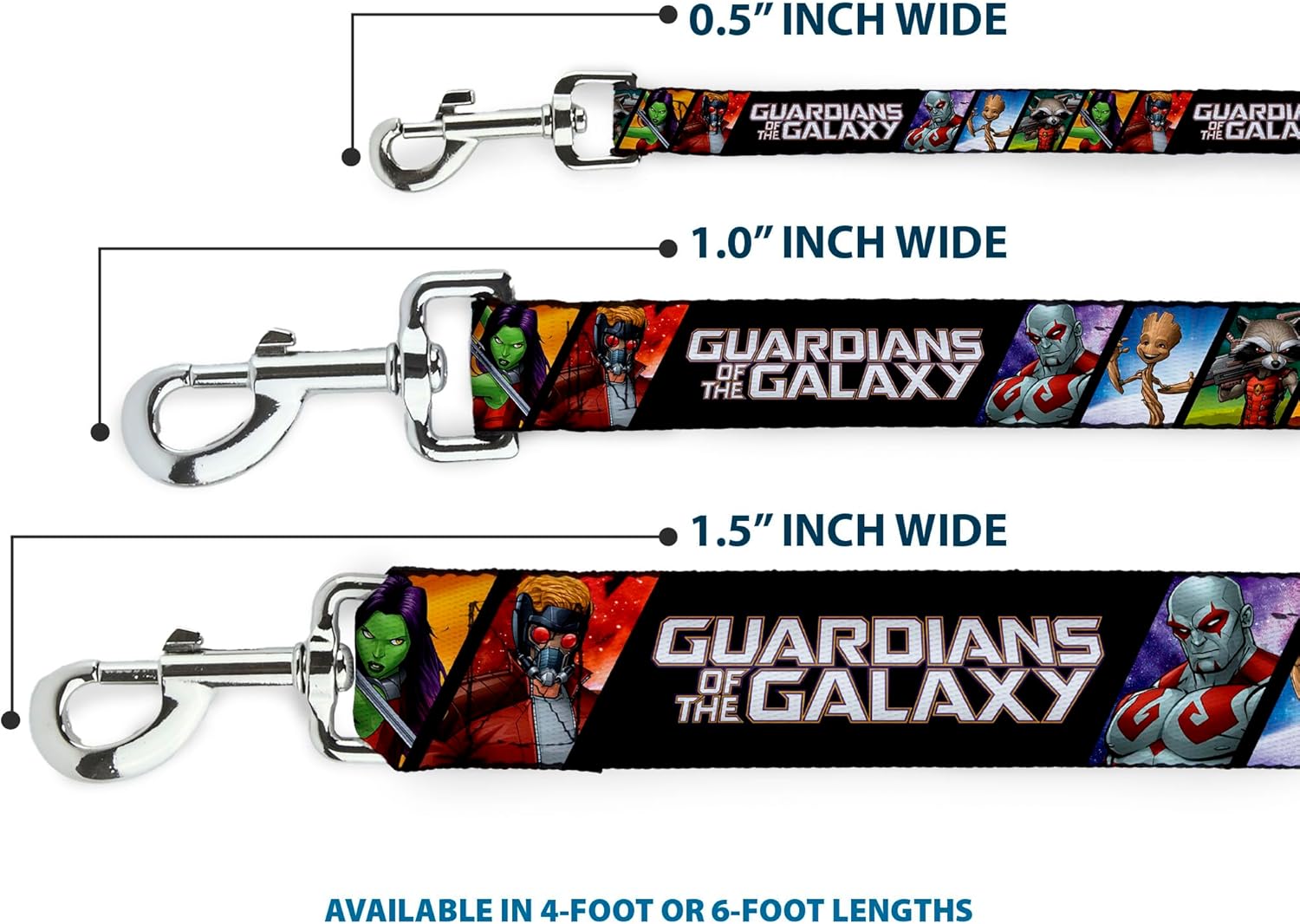 Dog Leash Guardians of the Galaxy 5 Character Pose Blocks 6 Feet Long 1.0 Inch Wide, 6 Feet Long - 1" Wide