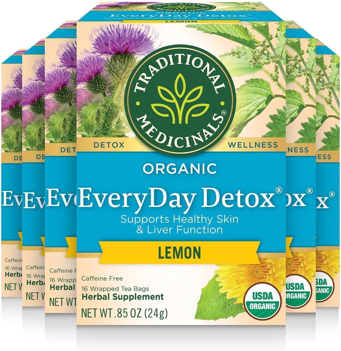 Traditional Medicinals Tea, Organic EveryDay Detox Lemon, Supports Healthy Skin & Liver Function, Detox, Kosher, Non-GMO, Caffeine-Free, Compostable - 96 Tea Bags (Pack of 6)