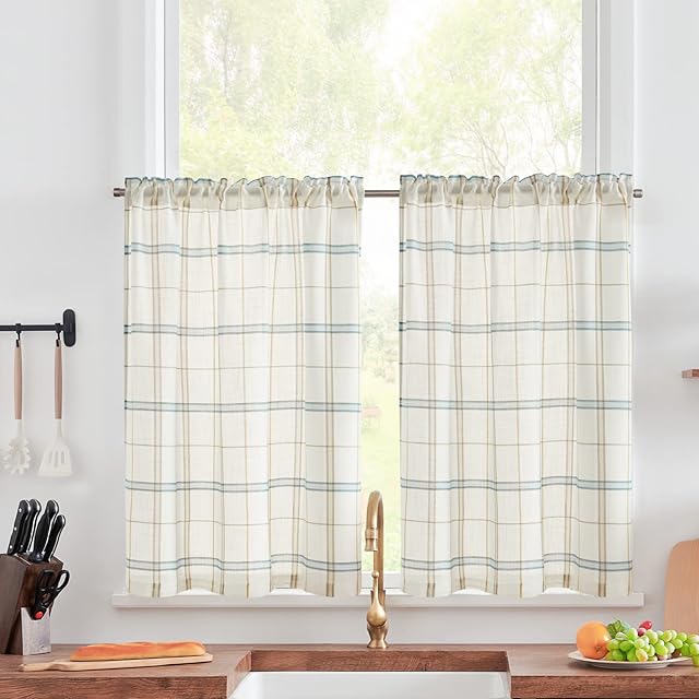 TOPICK Net Kitchen Curtains 36 Inch Drop Blue Buffalo Plaid Voile Short Curtains Gingham Checkered Design Pinstripe Sheer Cafe Curtains Rustic Style for Small Window Basement Cupboard 2 Panels