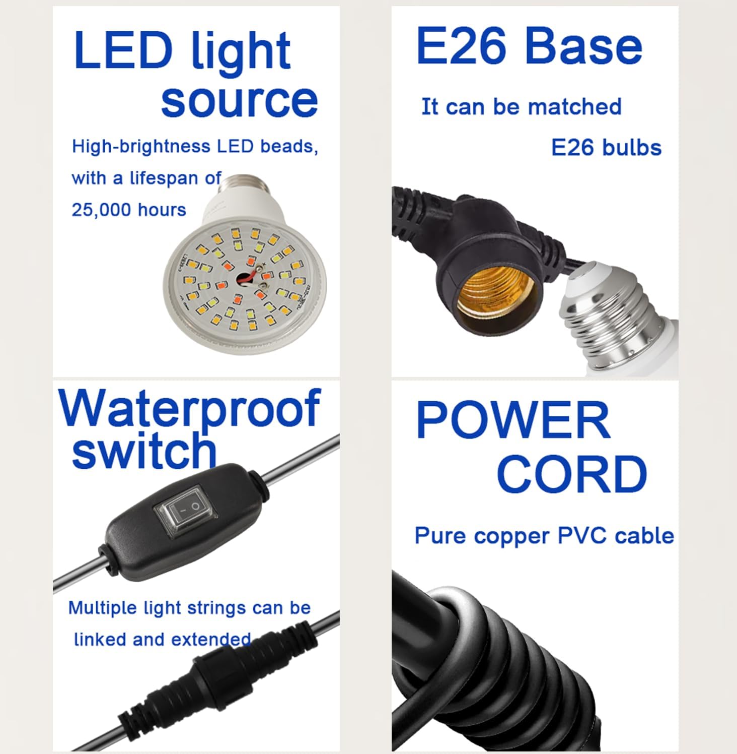 LED Grow Light String Bulb A25 Bulb, Full Spectrum Growing Lamp Bulbs E26 Base, 15W 130W Equivalent, Outdoor and Indoor Plants, Seed Starting (3 Bulbs 45W (12FT))