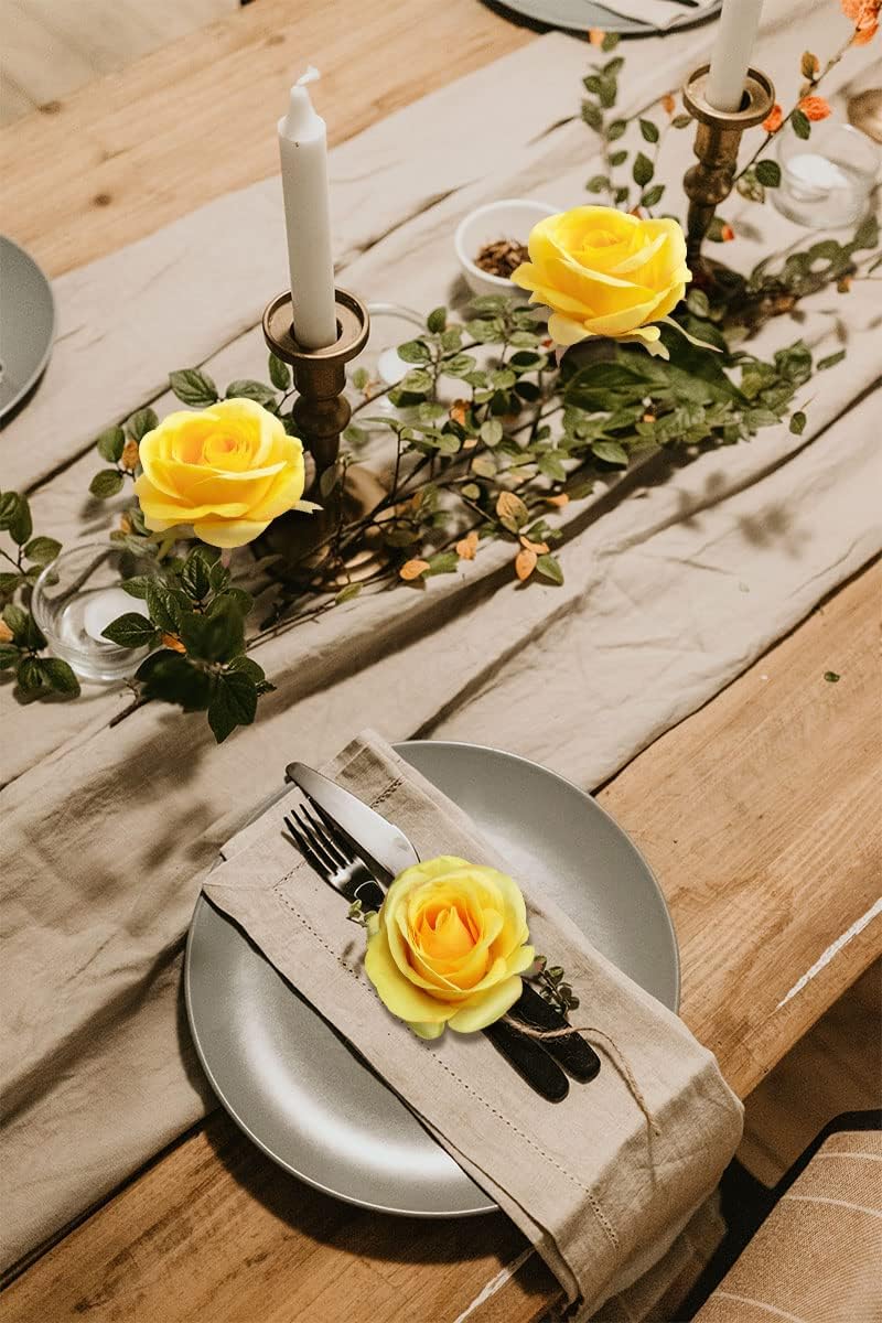 LVEFIT Artificial Rose Flower Artificial Flowers Flower with Long Stem Silk Roses Bouquet for Wedding Bridal Shower Party Home Decoration (Yellow, 30 Pcs)