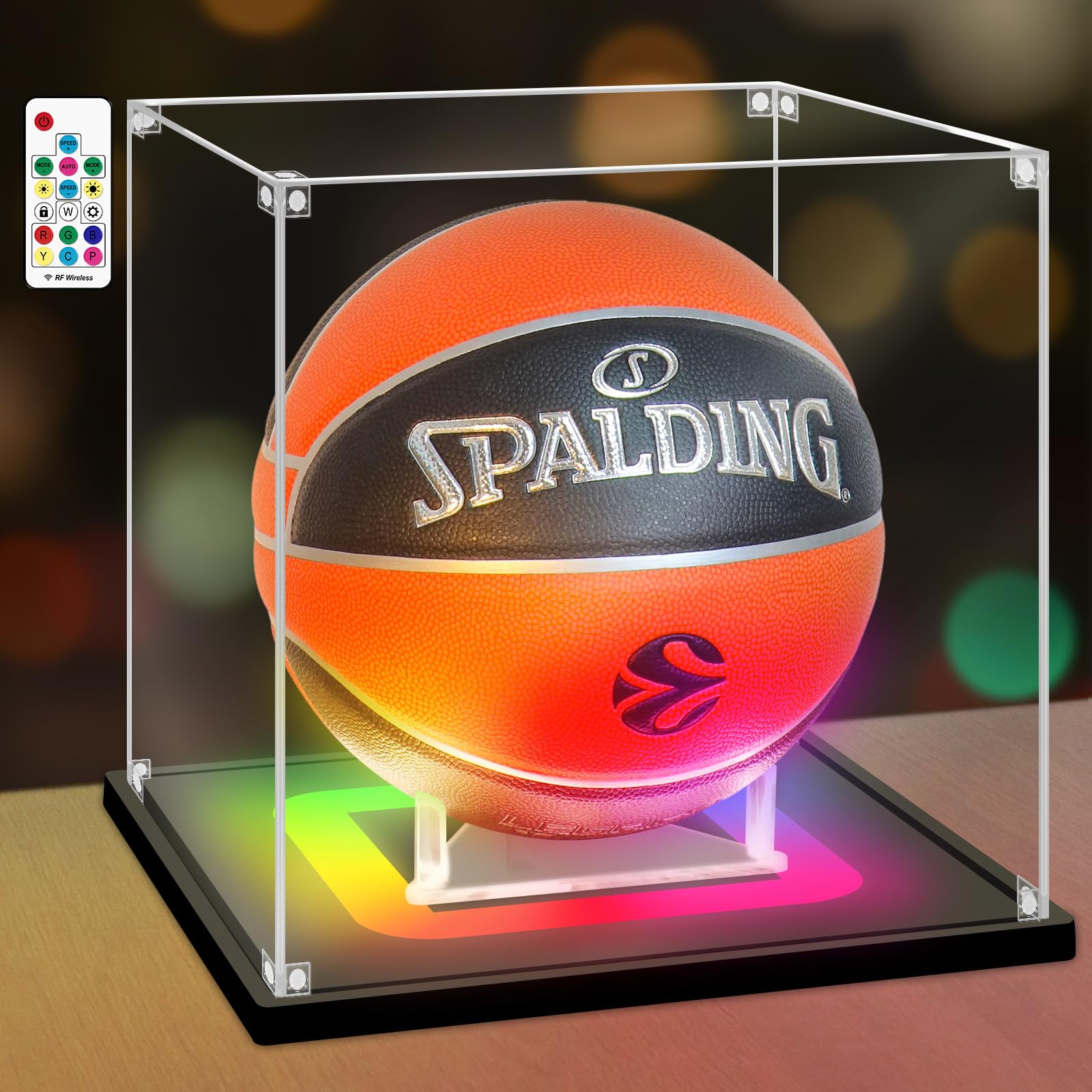 Nonemey Basketball Display Case with Colorful Light,Acrylic Basketball Box Full Size with Base